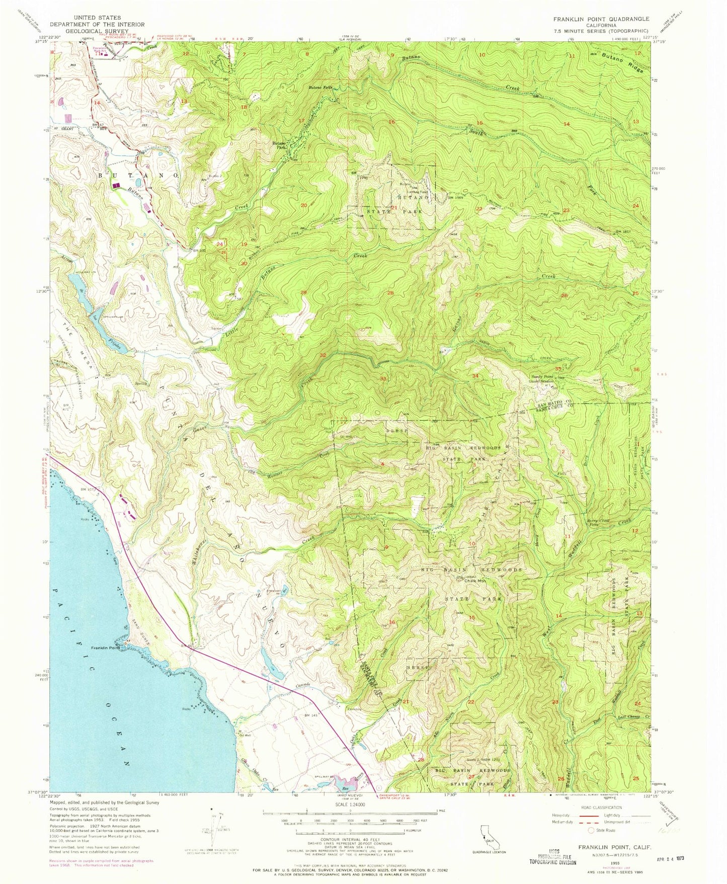Classic USGS Franklin Point California 7.5'x7.5' Topo Map Image