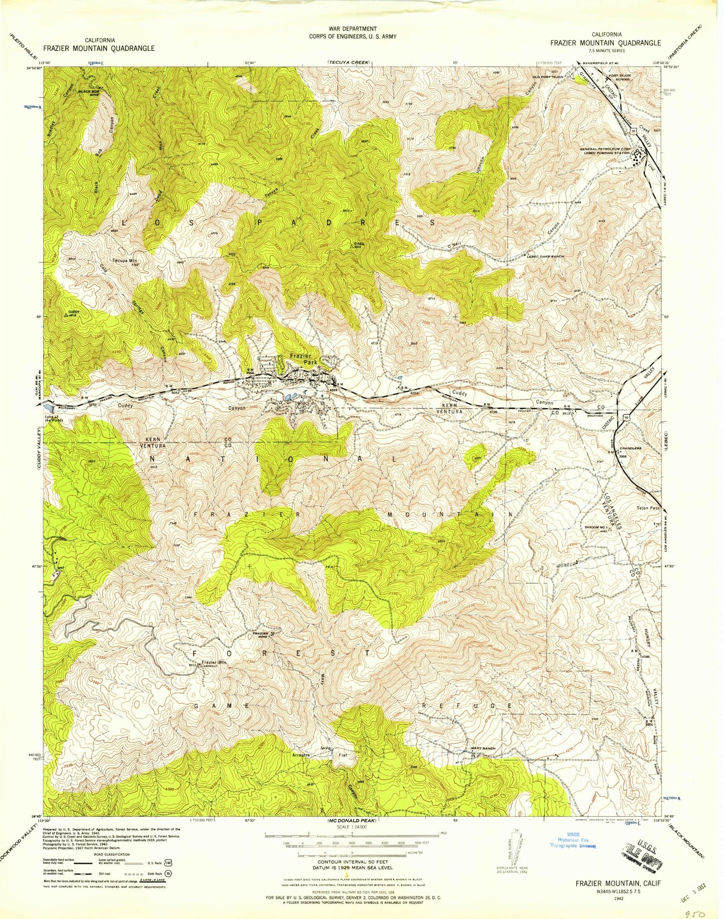 Classic USGS Frazier Mountain California 7.5'x7.5' Topo Map Image