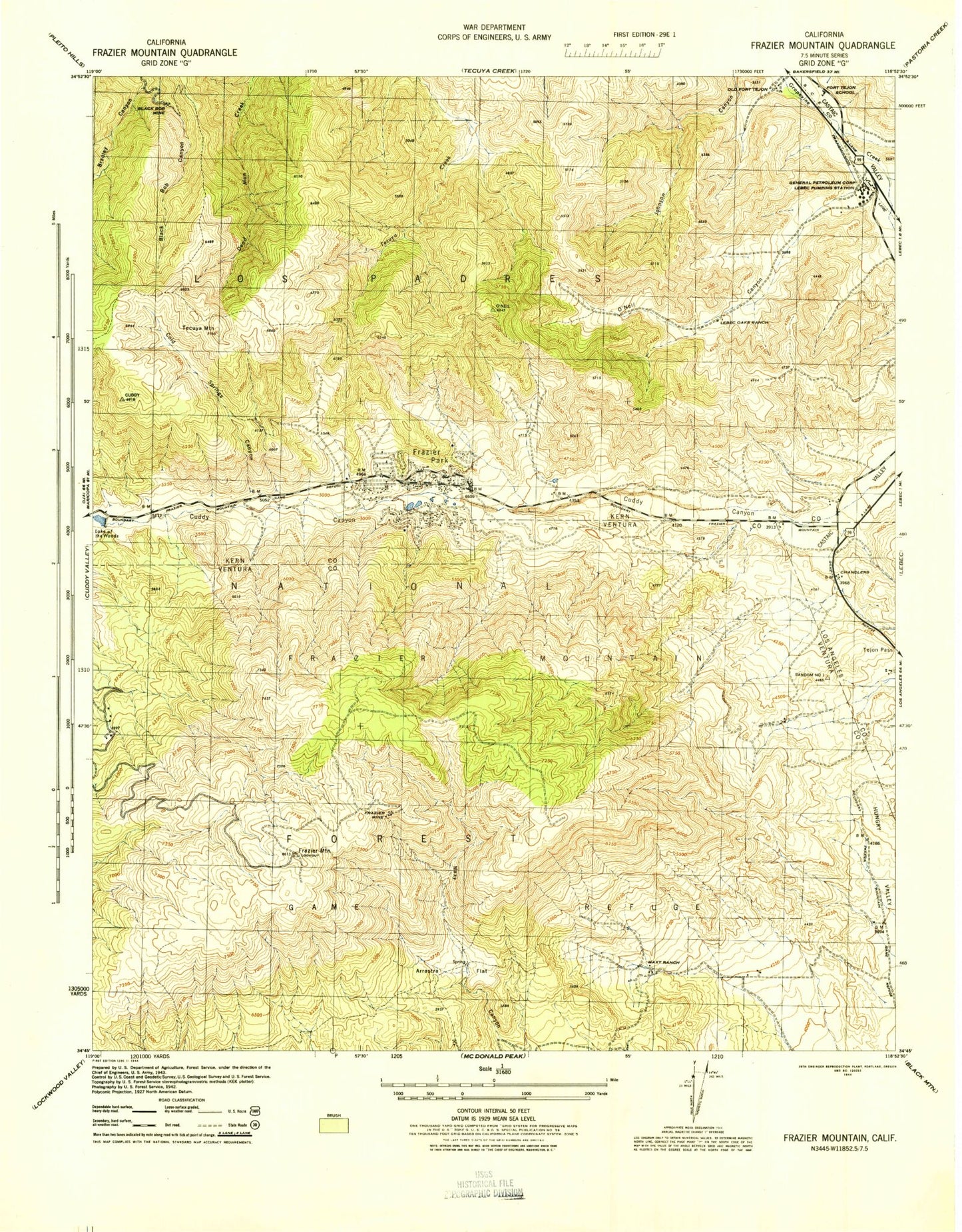 Classic USGS Frazier Mountain California 7.5'x7.5' Topo Map Image