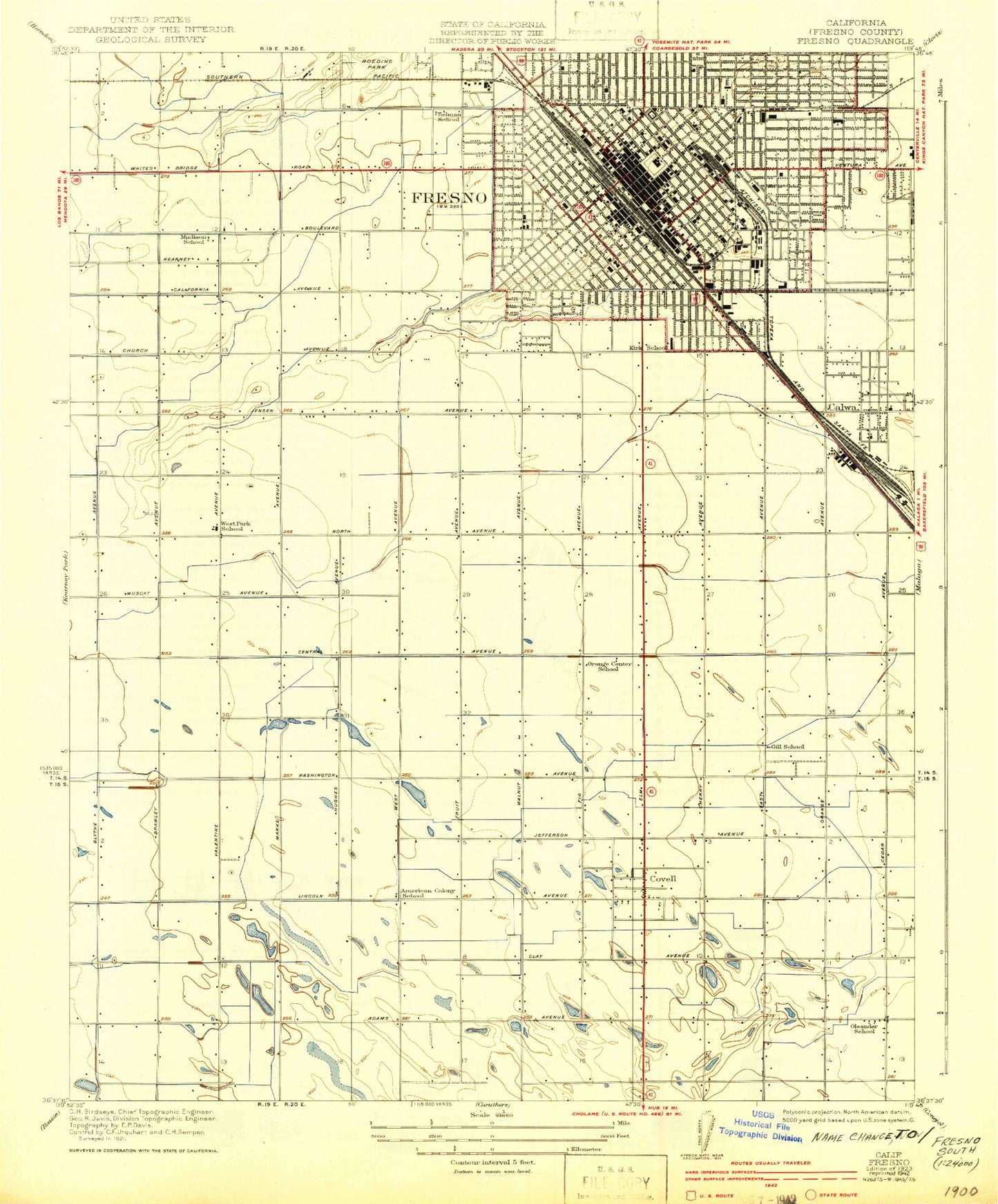 Classic USGS Fresno South California 7.5'x7.5' Topo Map Image