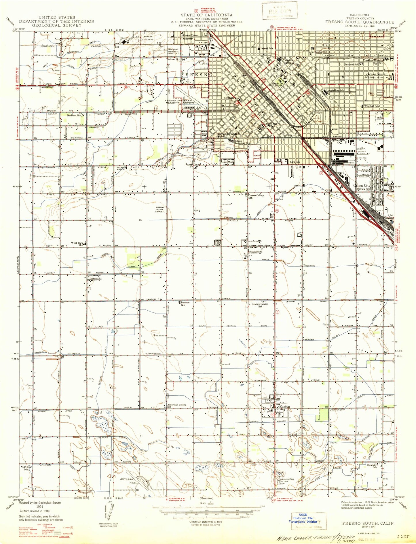 Classic USGS Fresno South California 7.5'x7.5' Topo Map Image