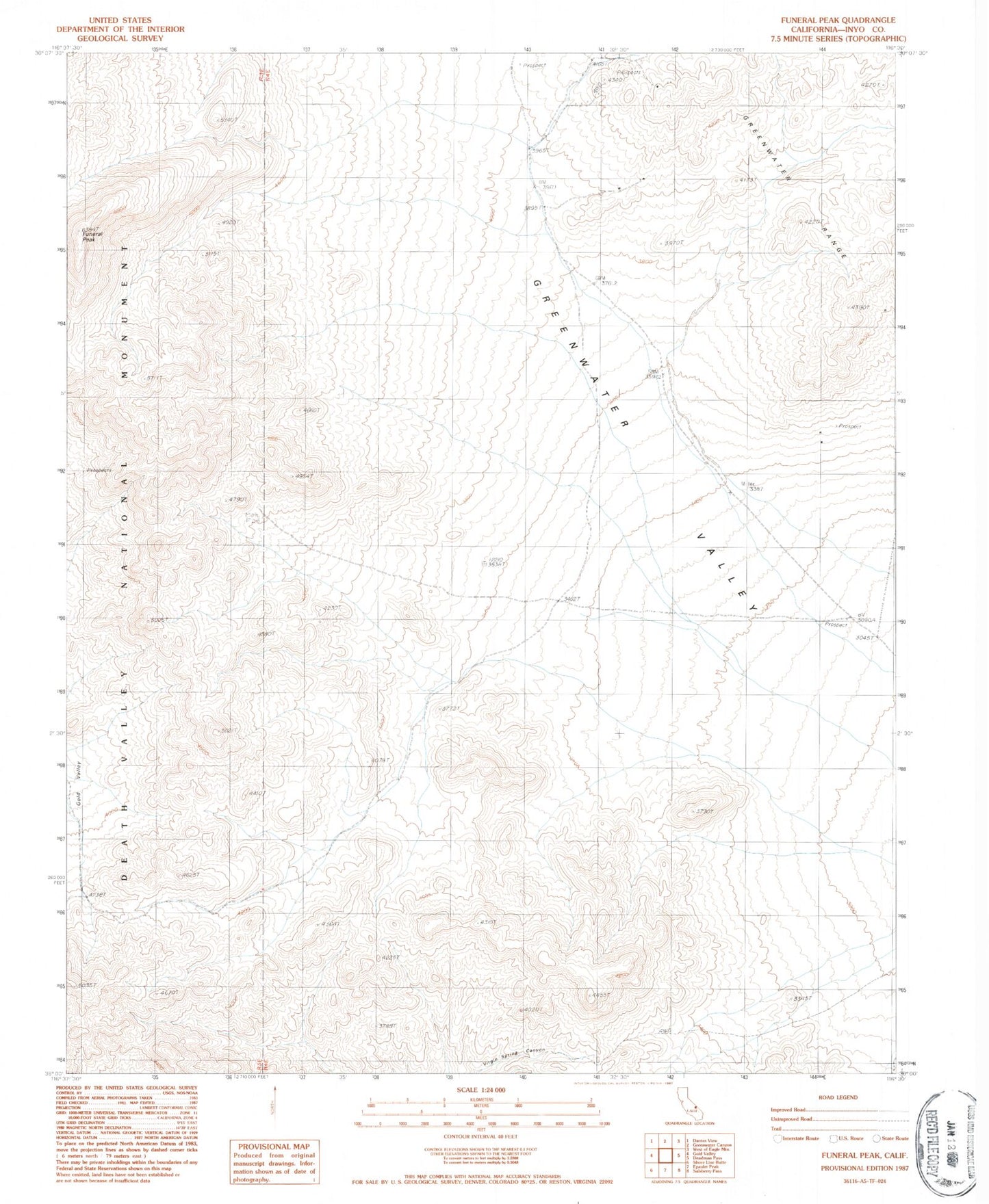 Classic USGS Funeral Peak California 7.5'x7.5' Topo Map Image