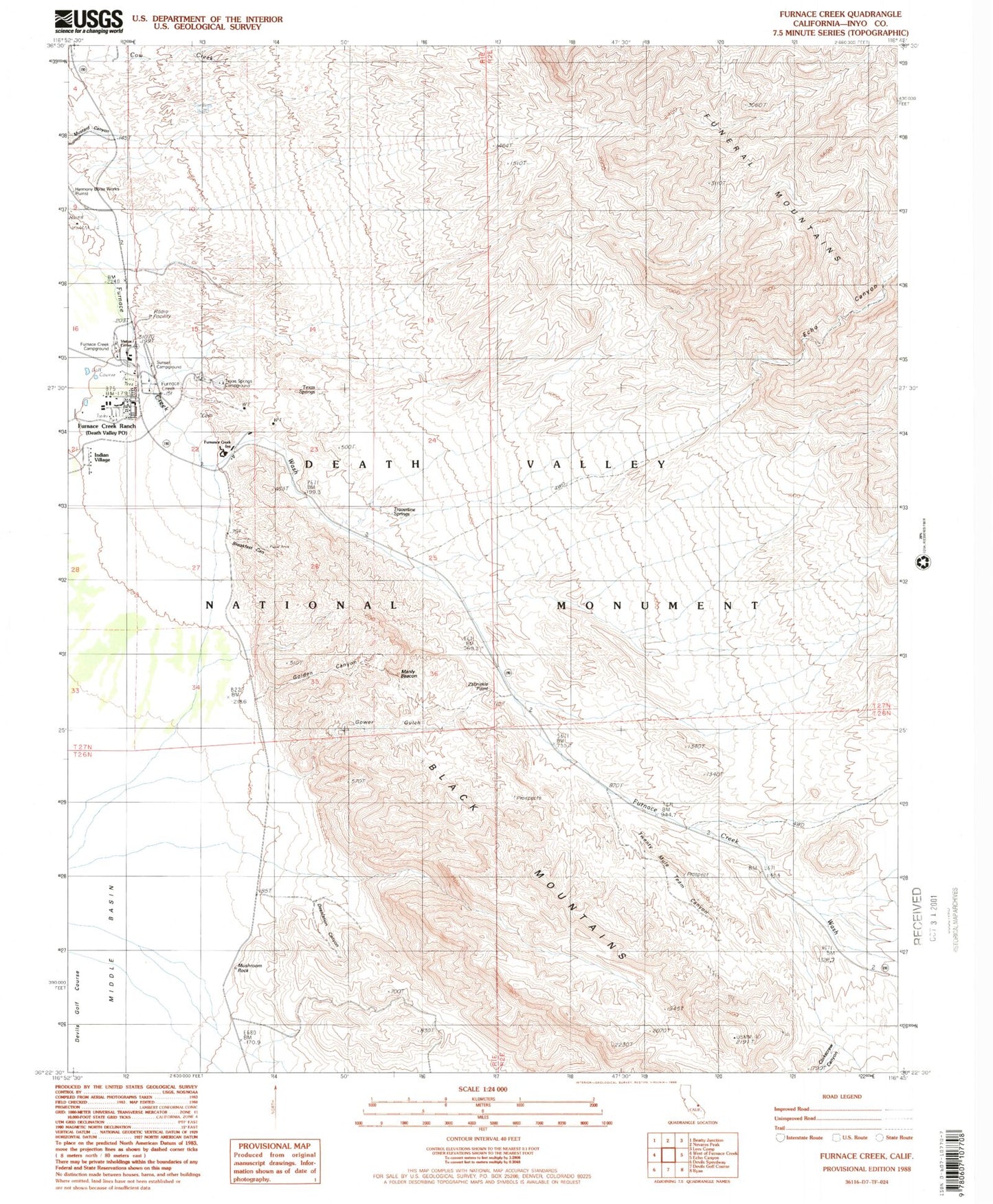 Classic USGS Furnace Creek California 7.5'x7.5' Topo Map Image