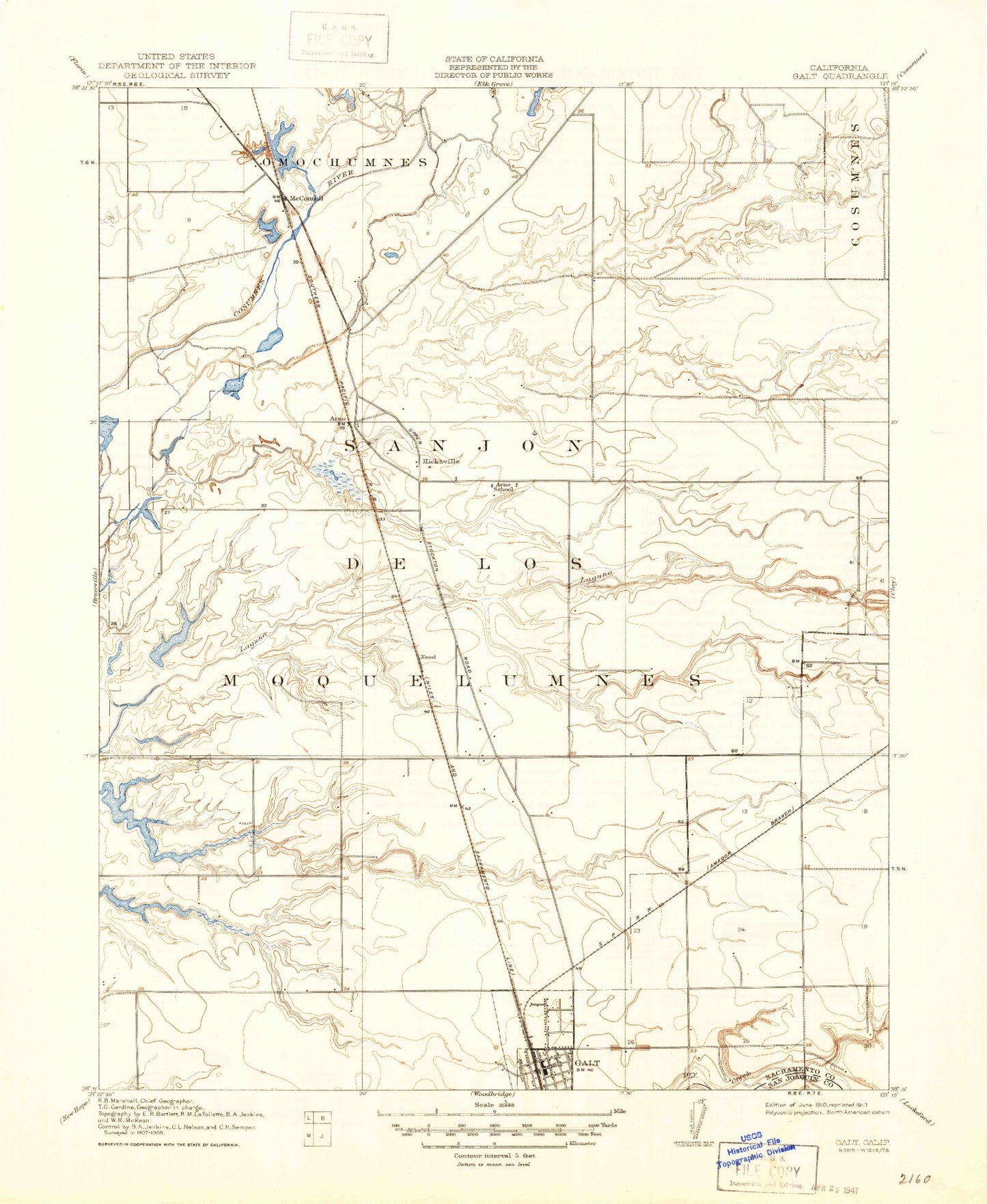Classic USGS Galt California 7.5'x7.5' Topo Map Image