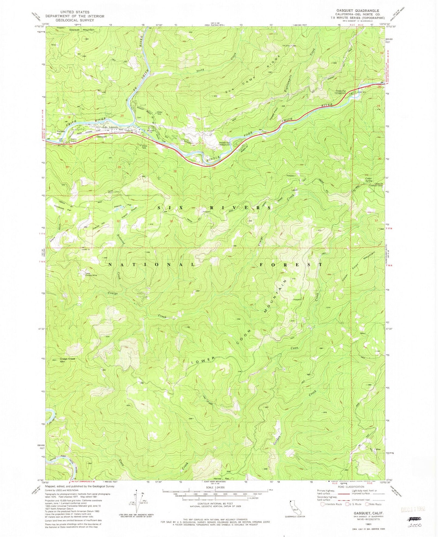 Classic USGS Gasquet California 7.5'x7.5' Topo Map Image