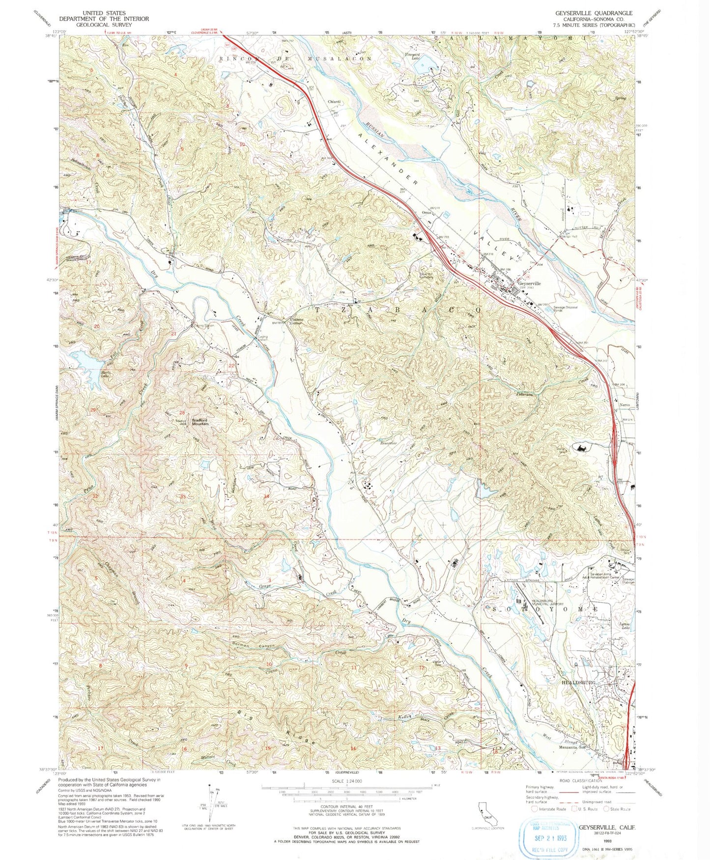 Classic USGS Geyserville California 7.5'x7.5' Topo Map Image