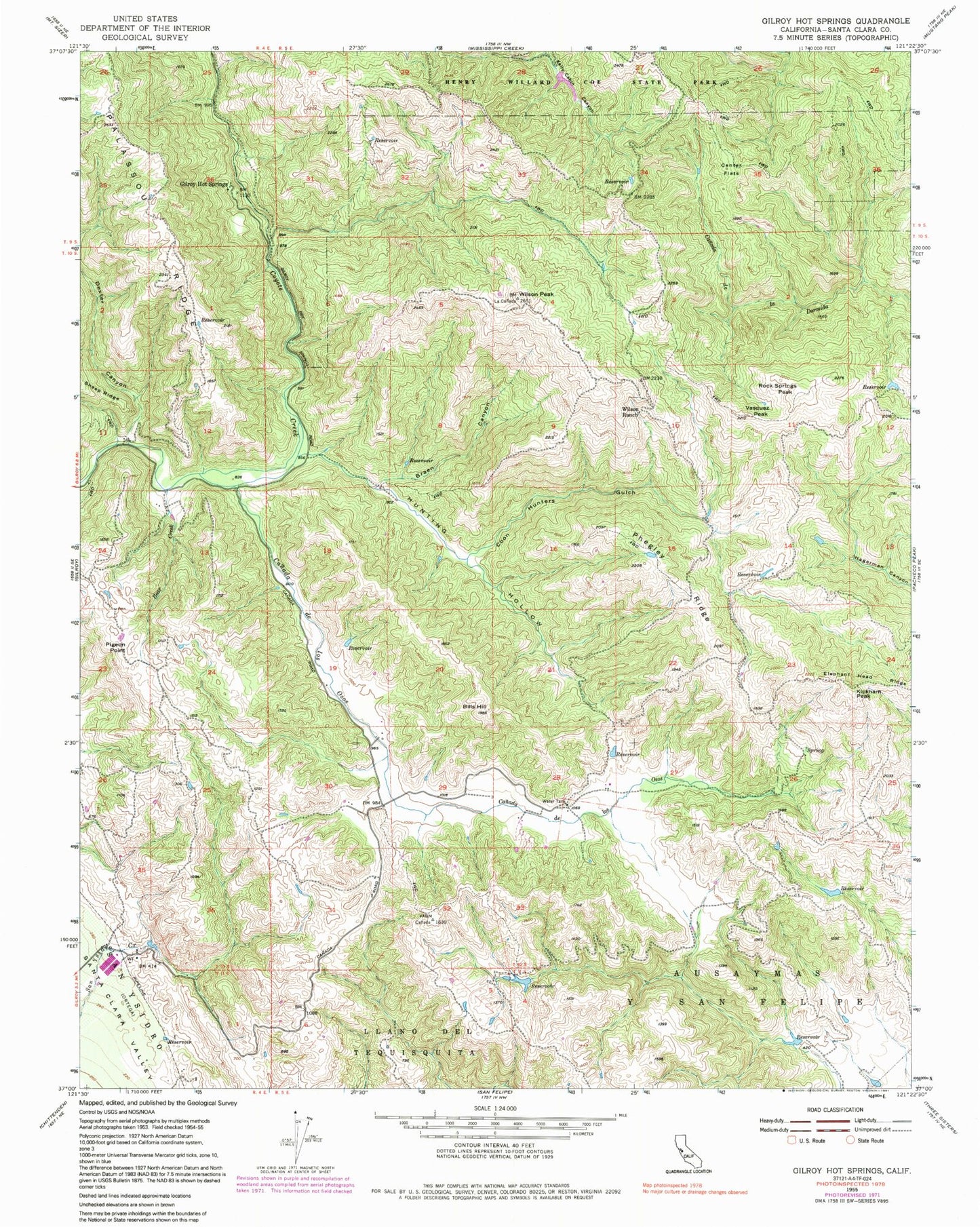Classic USGS Gilroy Hot Springs California 7.5'x7.5' Topo Map Image
