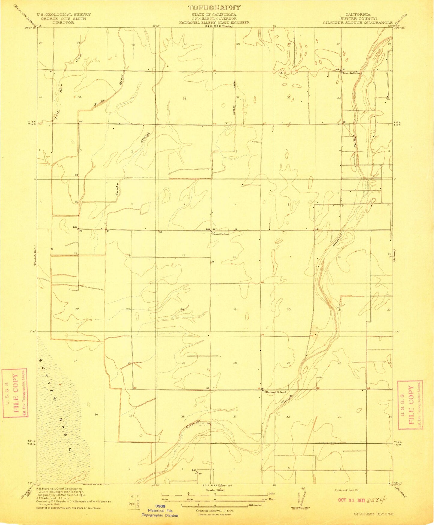 Classic USGS Gilsizer Slough California 7.5'x7.5' Topo Map Image