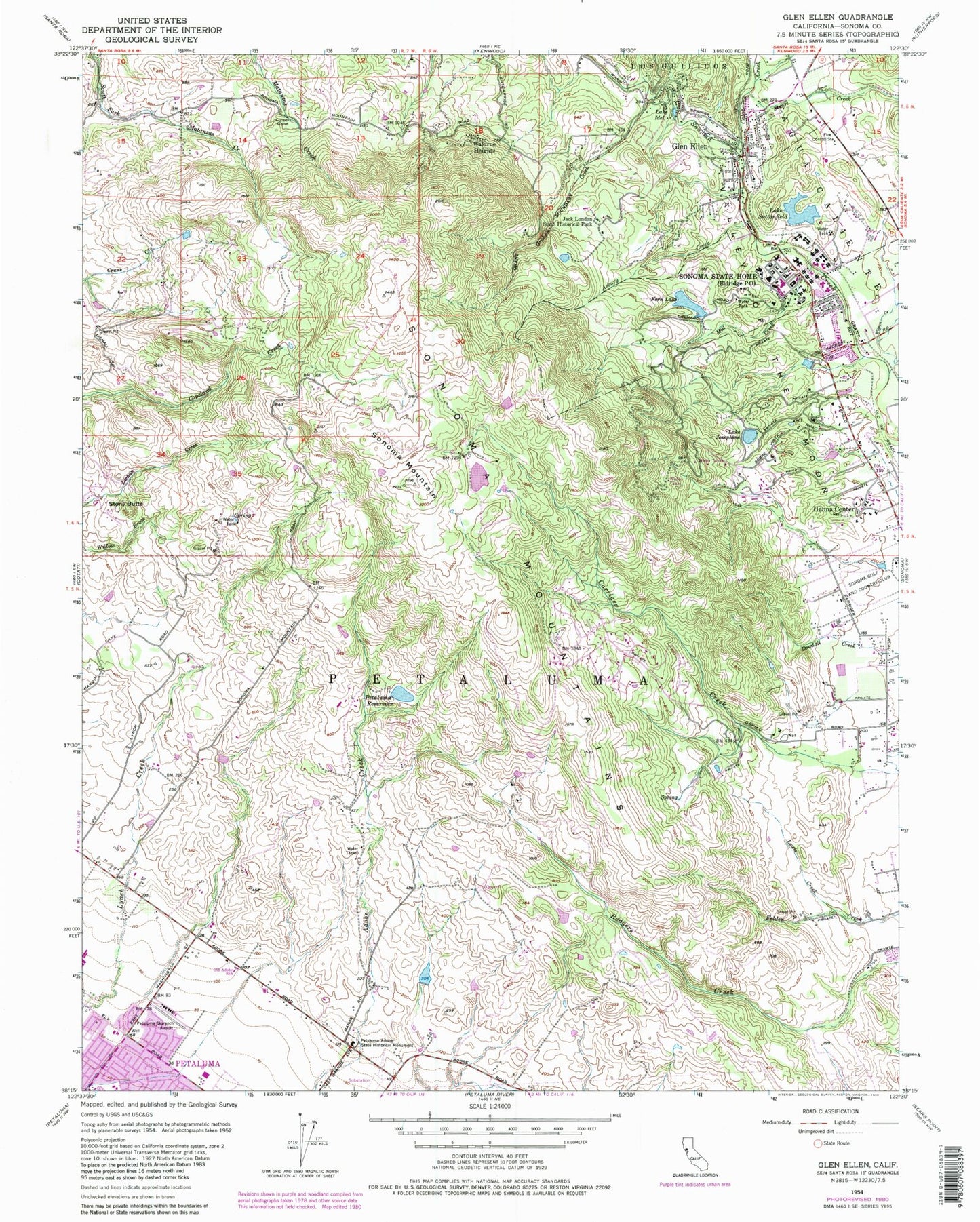 Classic USGS Glen Ellen California 7.5'x7.5' Topo Map Image