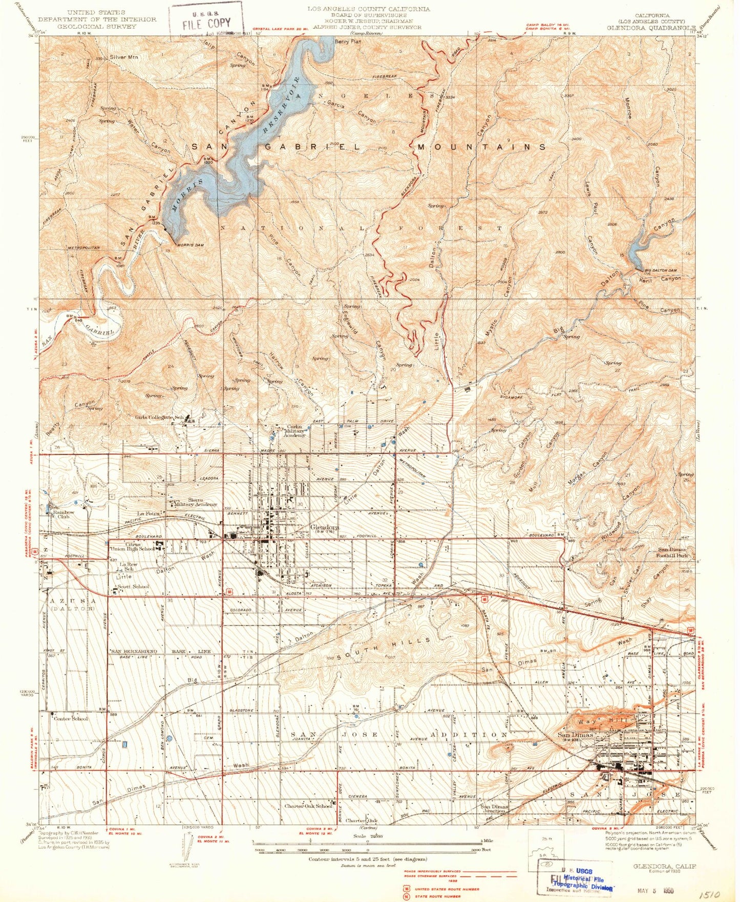 Classic USGS Glendora California 7.5'x7.5' Topo Map Image