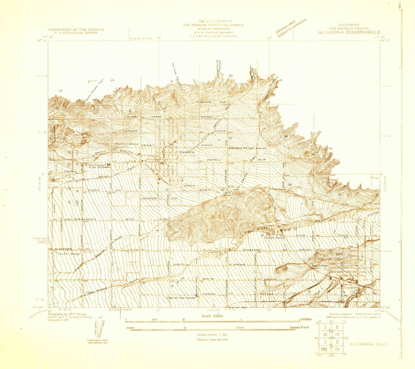 Classic USGS Glendora California 7.5'x7.5' Topo Map Image