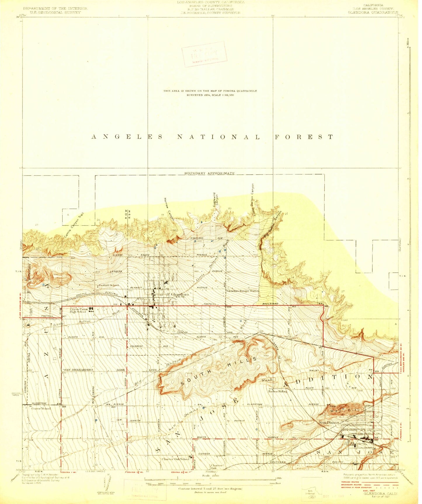 Classic USGS Glendora California 7.5'x7.5' Topo Map Image