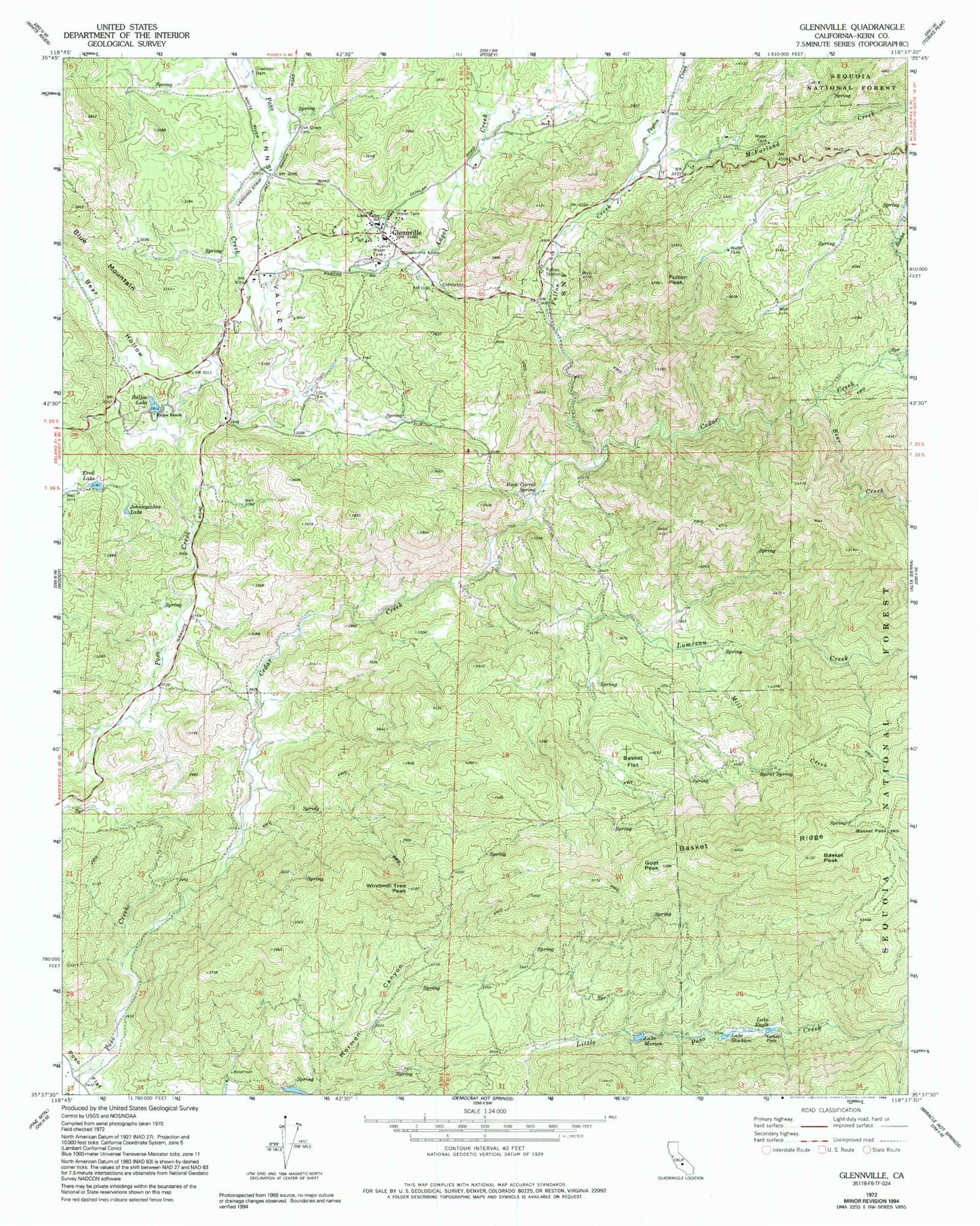 Classic USGS Glennville California 7.5'x7.5' Topo Map Image