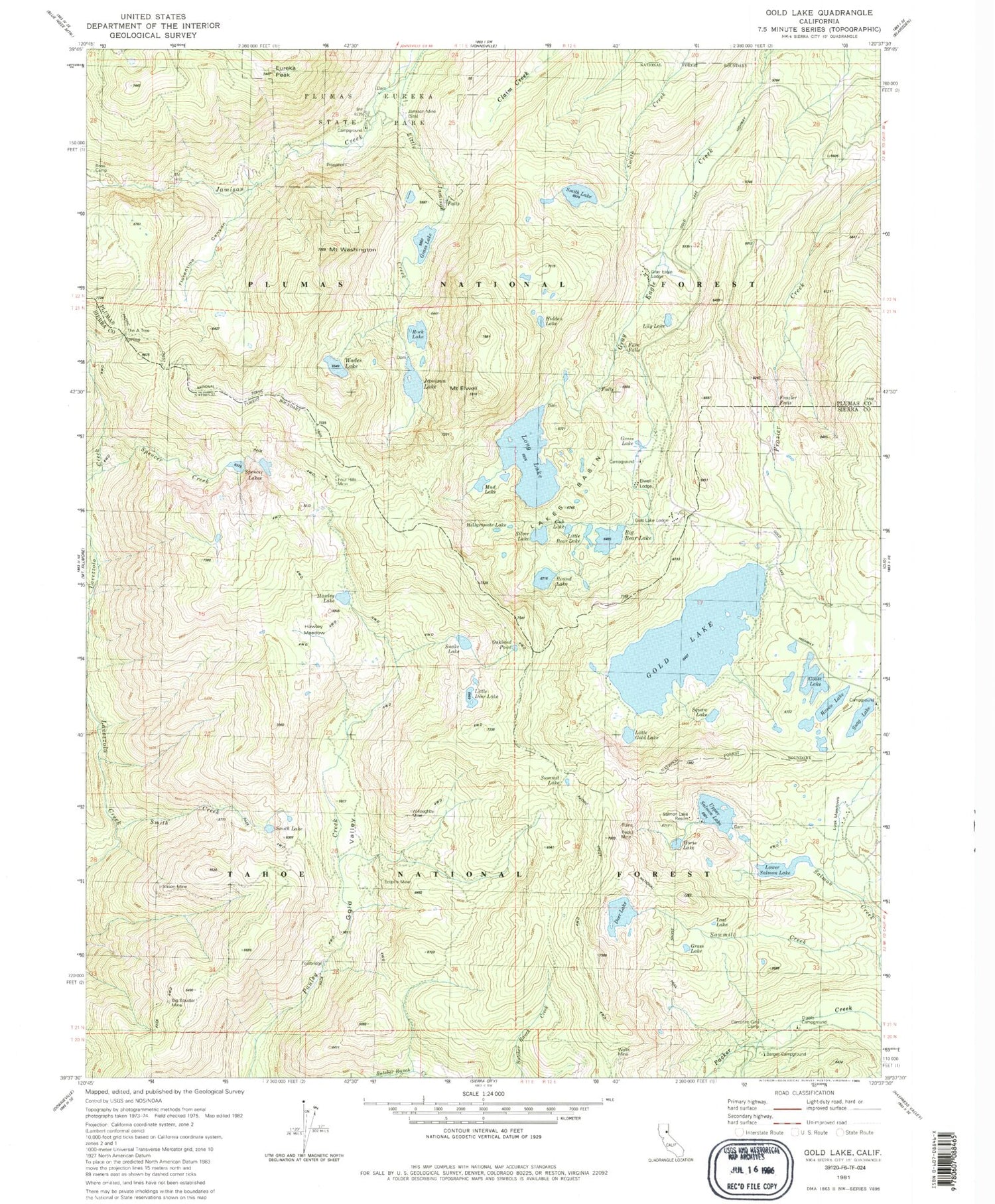 USGS Classic Gold Lake California 7.5'x7.5' Topo Map Image