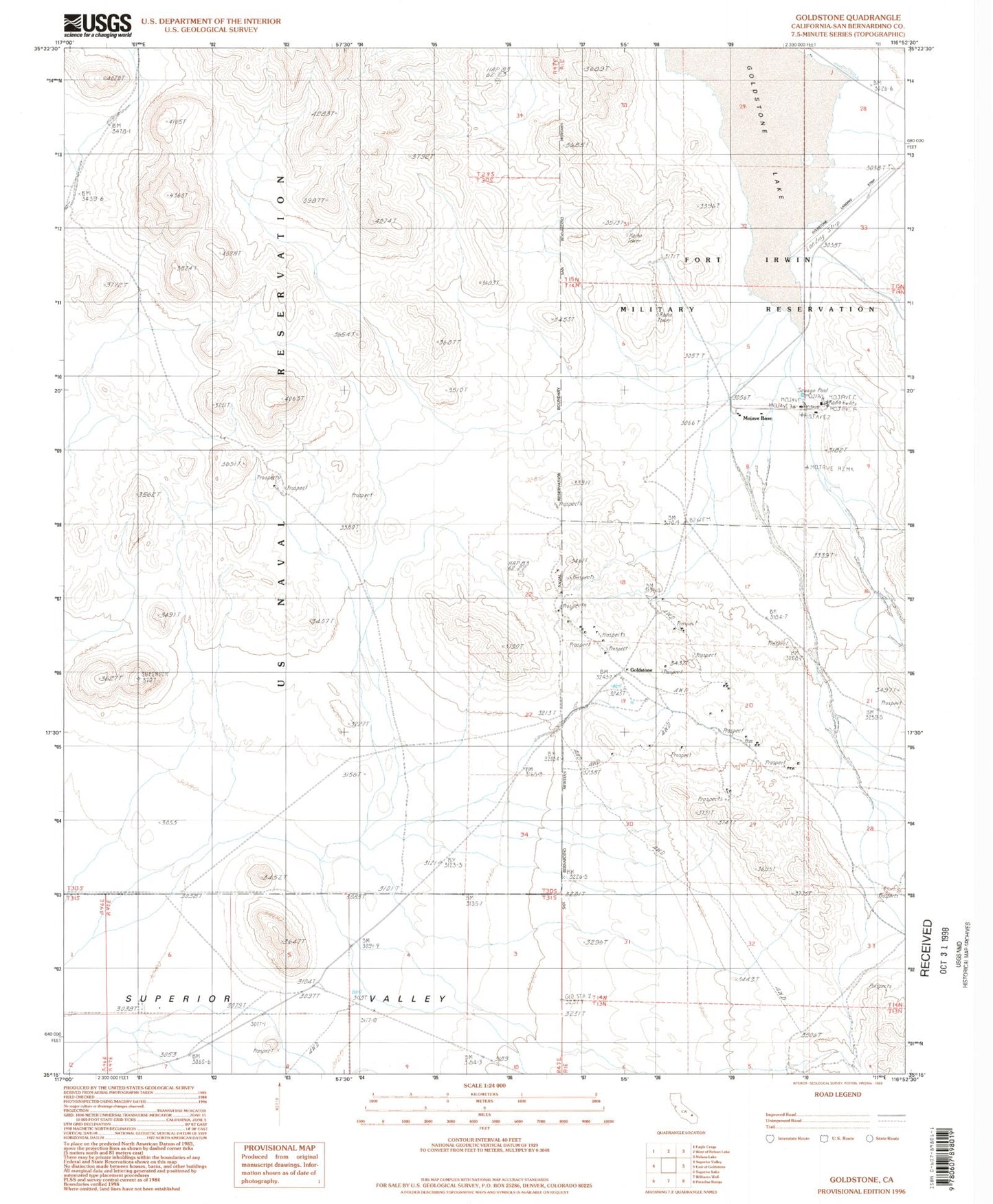 Classic USGS Goldstone California 7.5'x7.5' Topo Map Image