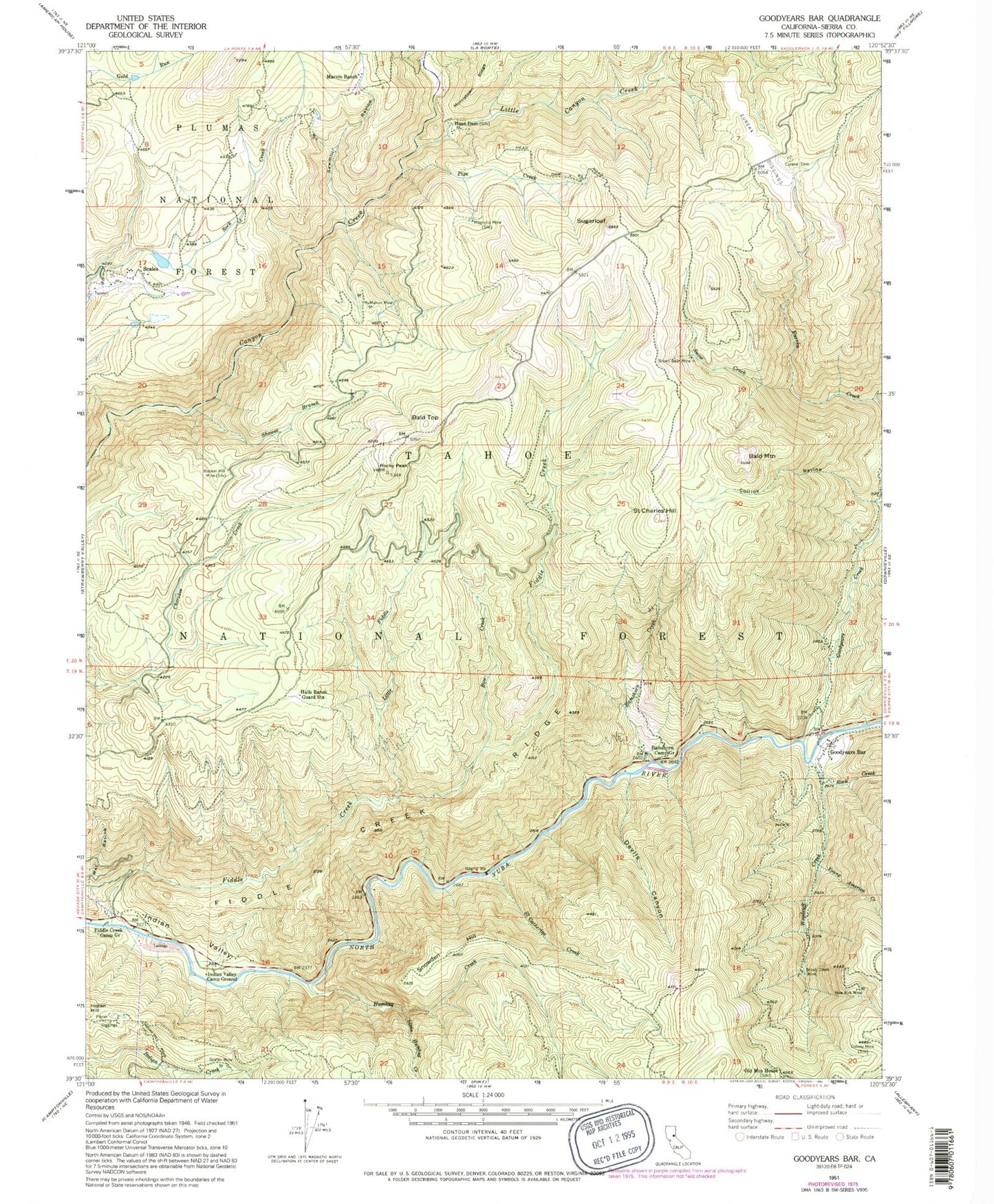 Classic USGS Goodyears Bar California 7.5'x7.5' Topo Map Image