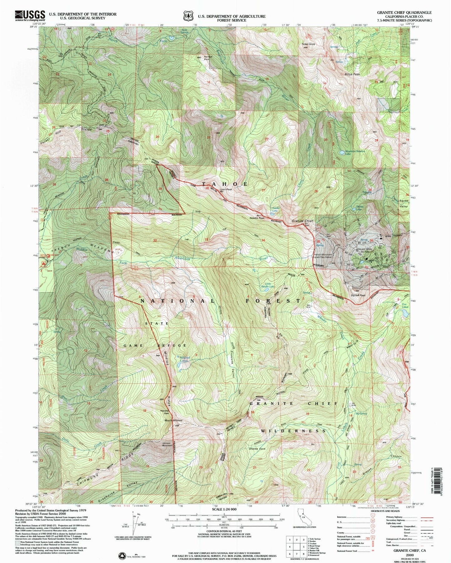 USGS Classic Granite Chief California 7.5'x7.5' Topo Map Image