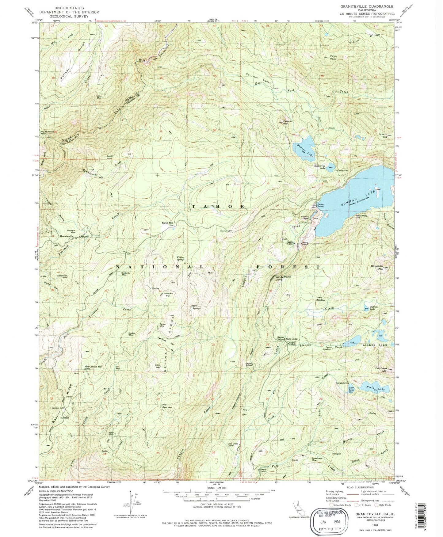 Classic USGS Graniteville California 7.5'x7.5' Topo Map Image