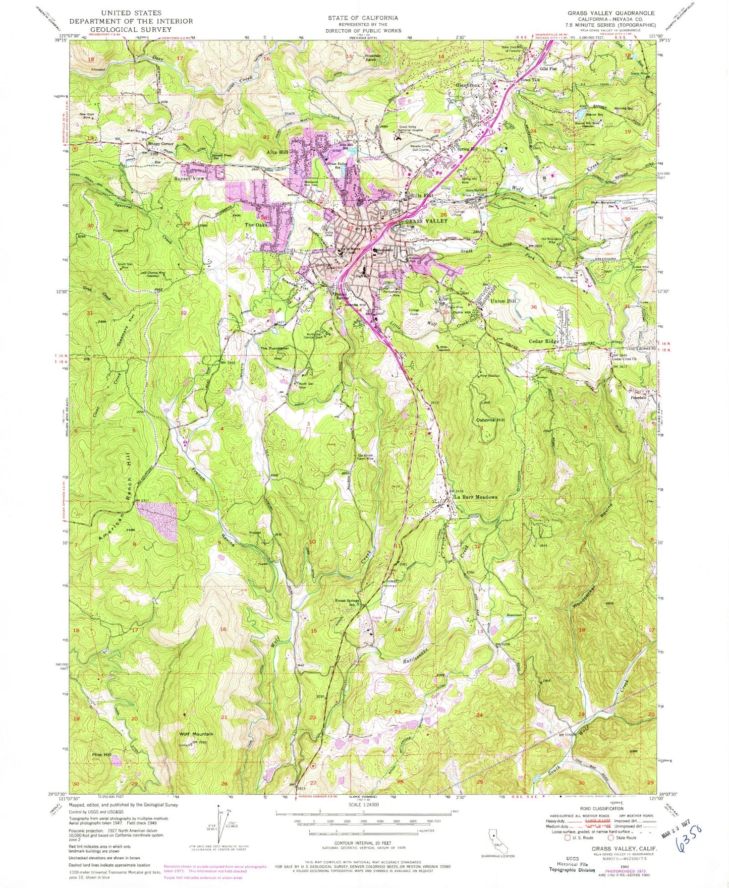 Classic USGS Grass Valley California 7.5'x7.5' Topo Map Image