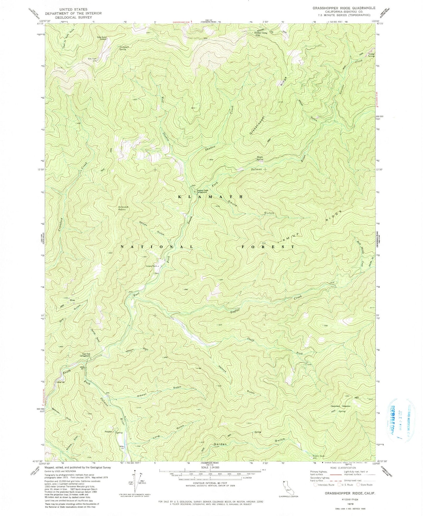 Classic USGS Grasshopper Ridge California 7.5'x7.5' Topo Map Image