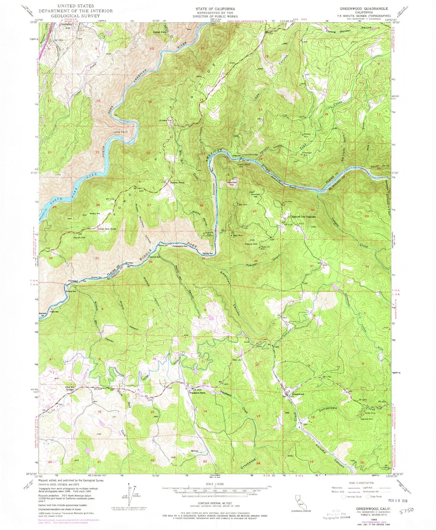 Classic USGS Greenwood California 7.5'x7.5' Topo Map Image