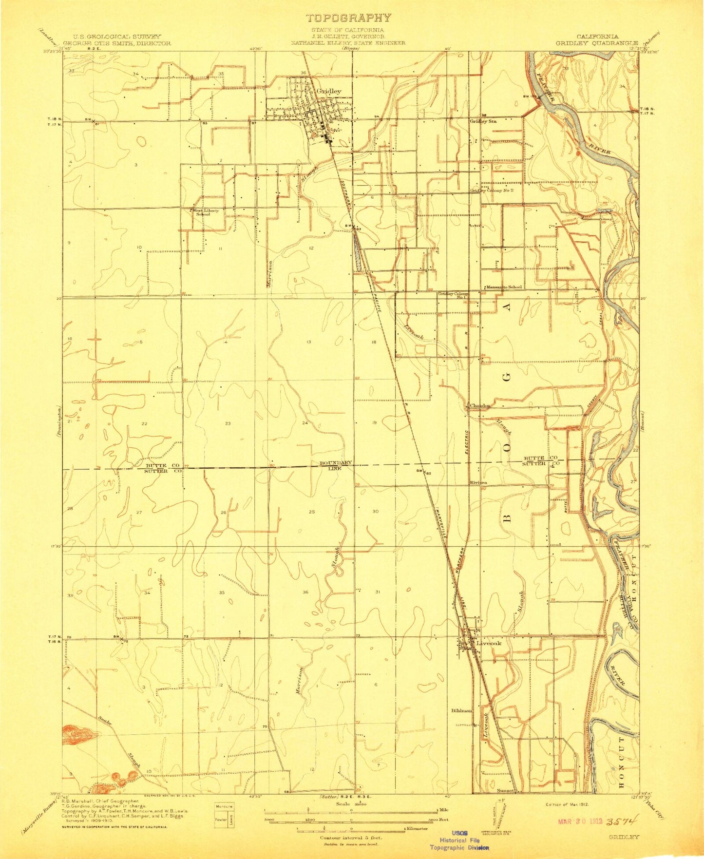 Classic USGS Gridley California 7.5'x7.5' Topo Map Image