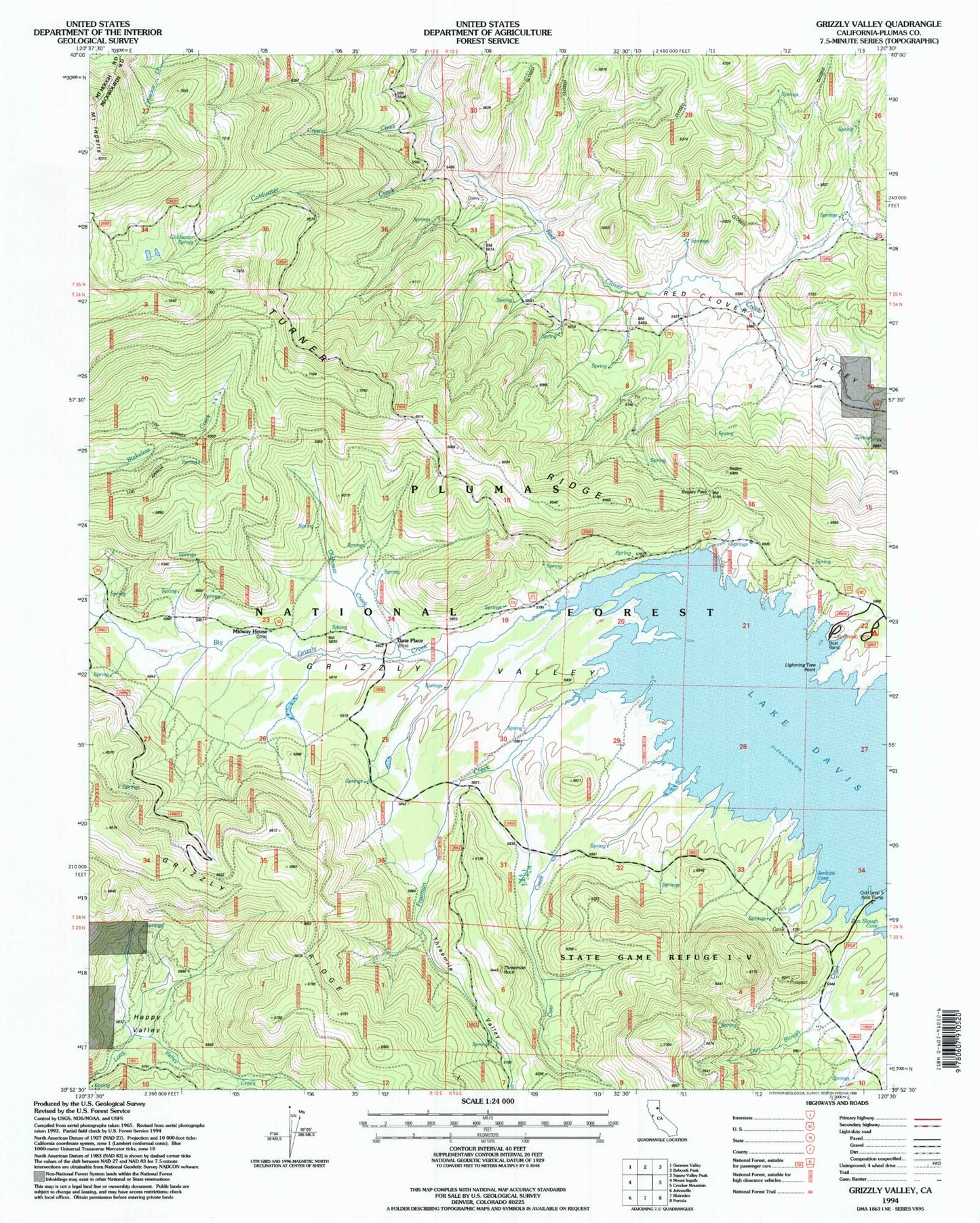 Classic USGS Grizzly Valley California 7.5'x7.5' Topo Map Image