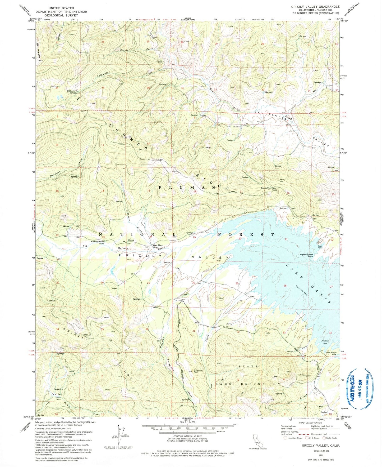 Classic USGS Grizzly Valley California 7.5'x7.5' Topo Map Image