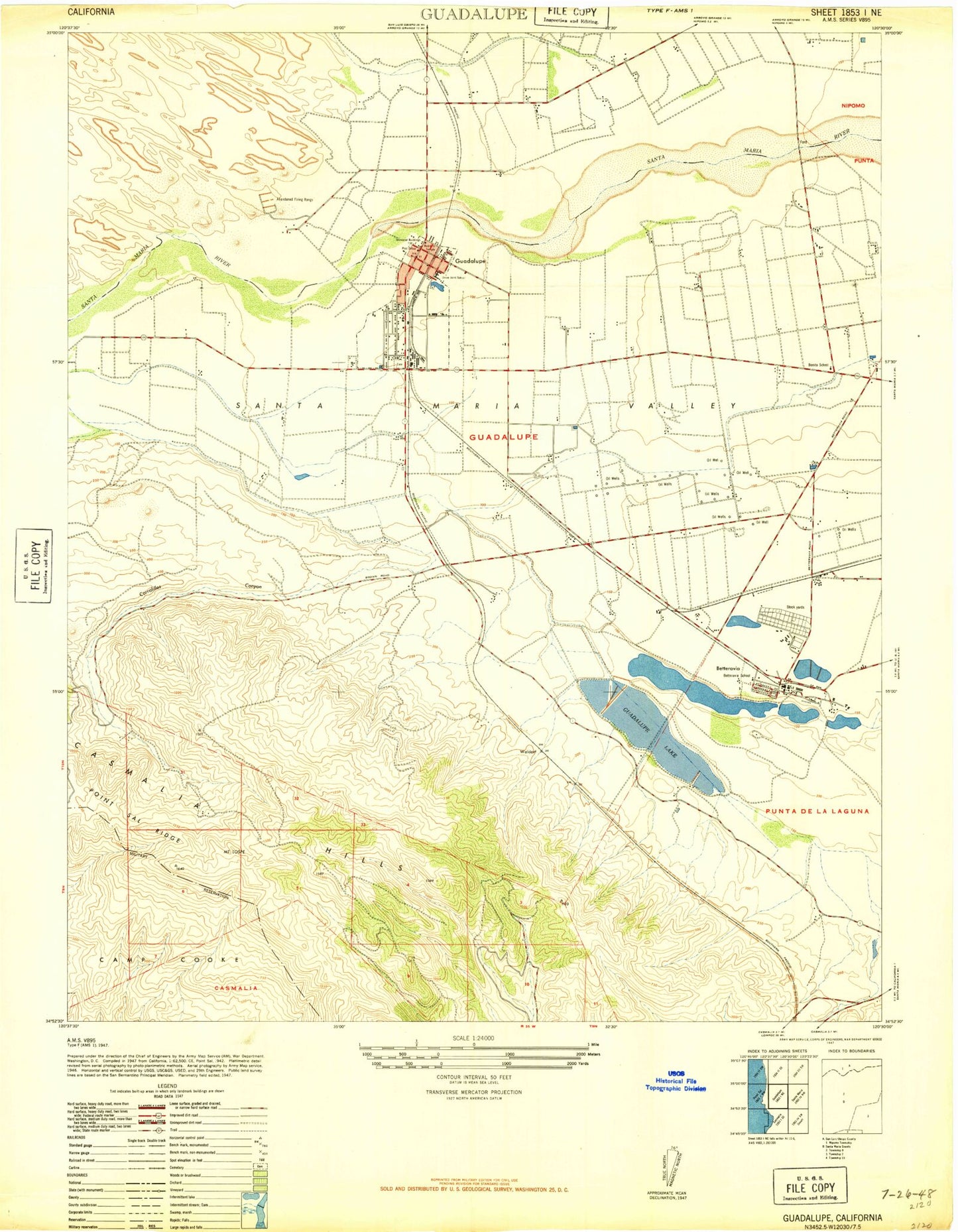 Classic USGS Guadalupe California 7.5'x7.5' Topo Map Image