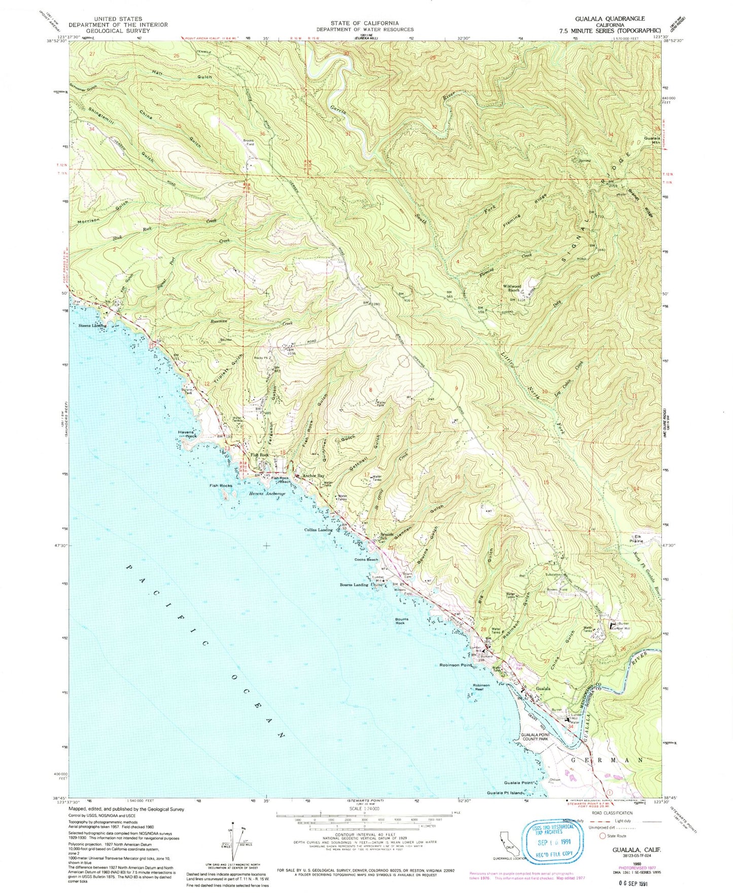 Classic USGS Gualala California 7.5'x7.5' Topo Map Image