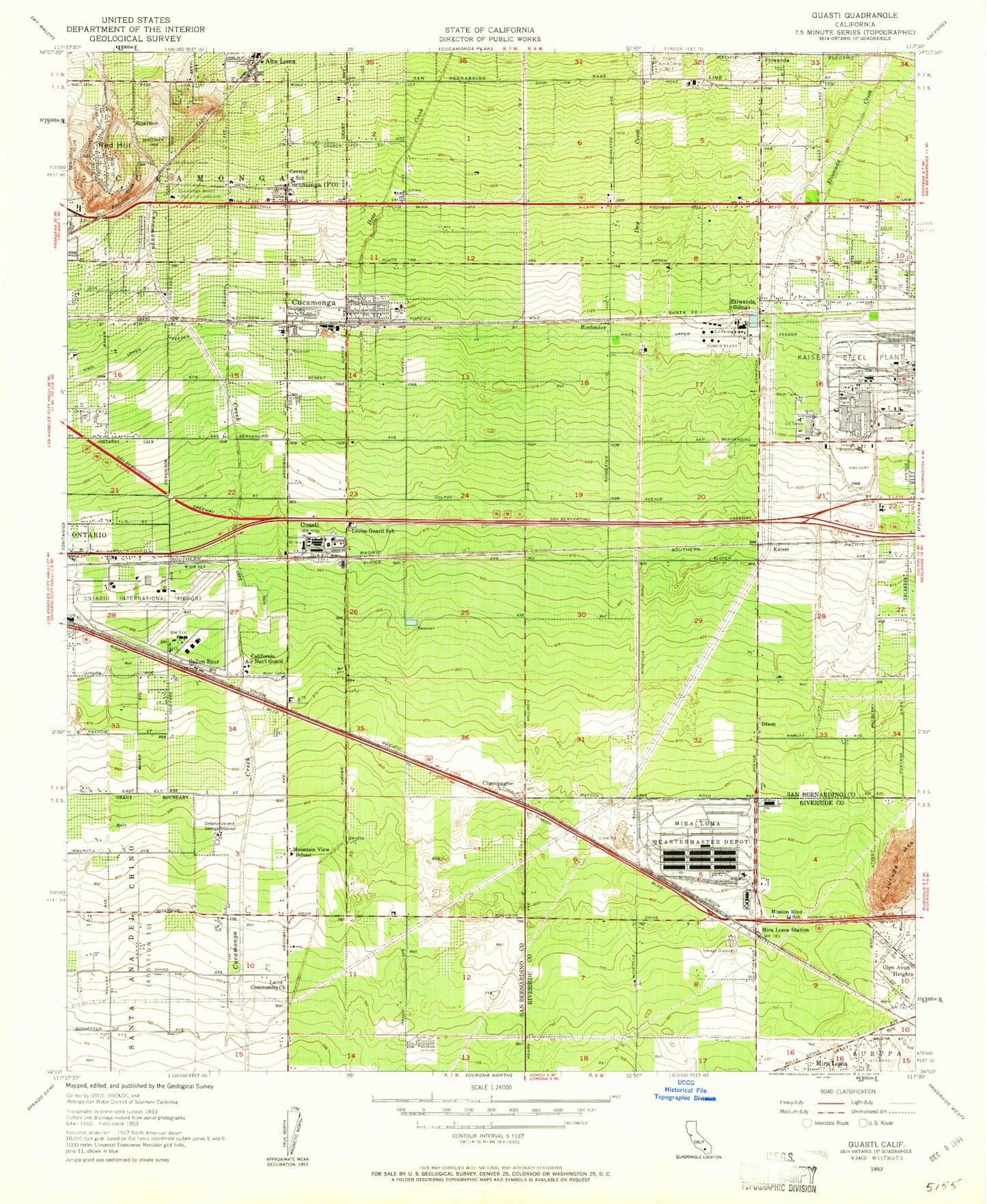 Classic USGS Guasti California 7.5'x7.5' Topo Map Image