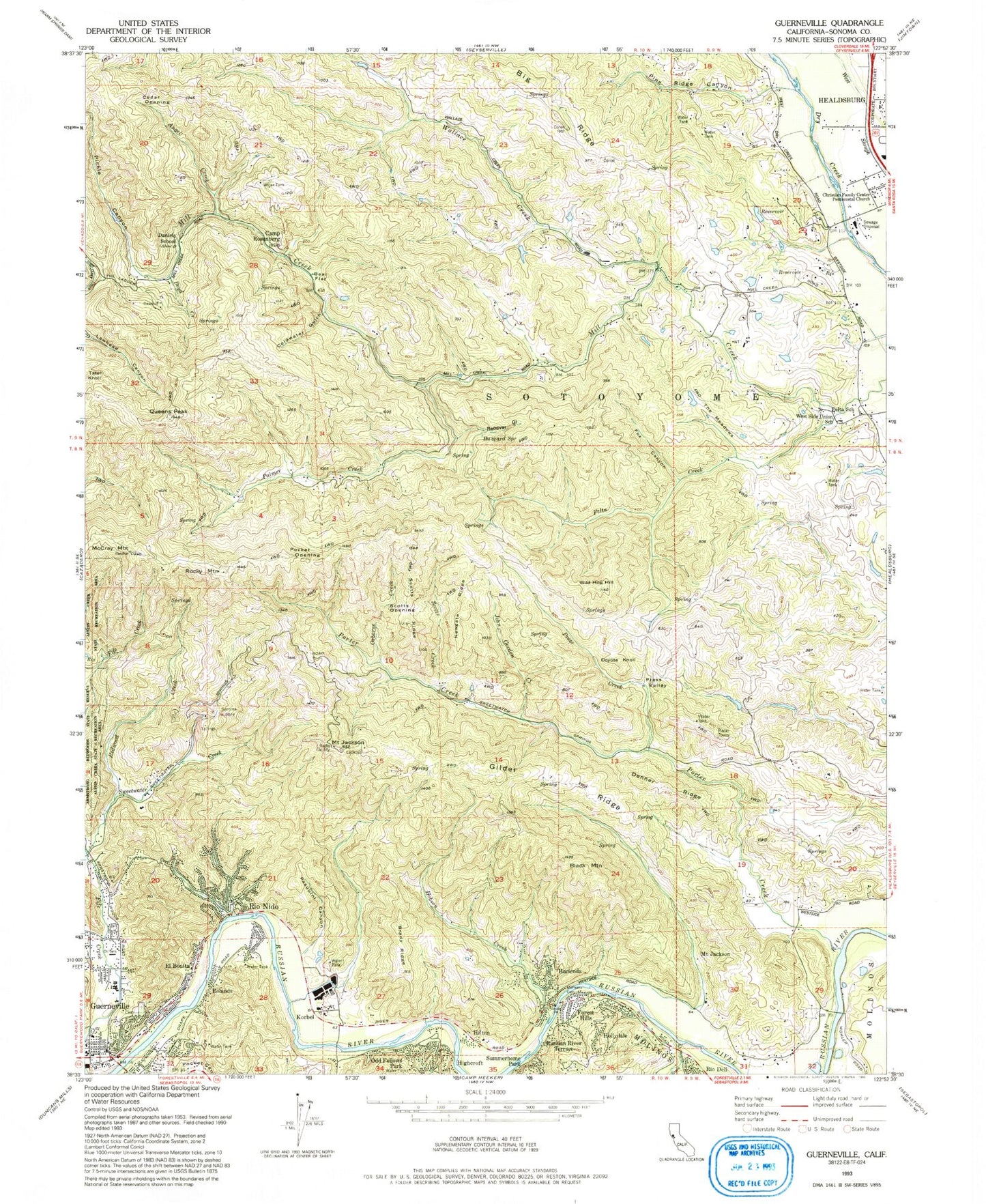 Classic USGS Guerneville California 7.5'x7.5' Topo Map Image