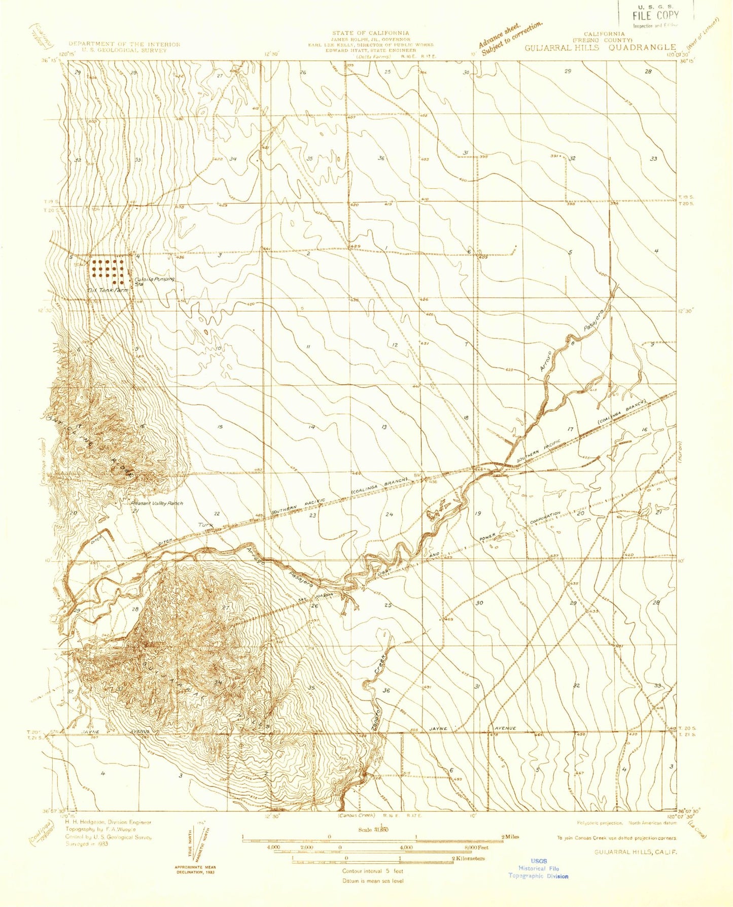 Classic USGS Guijarral Hills California 7.5'x7.5' Topo Map Image