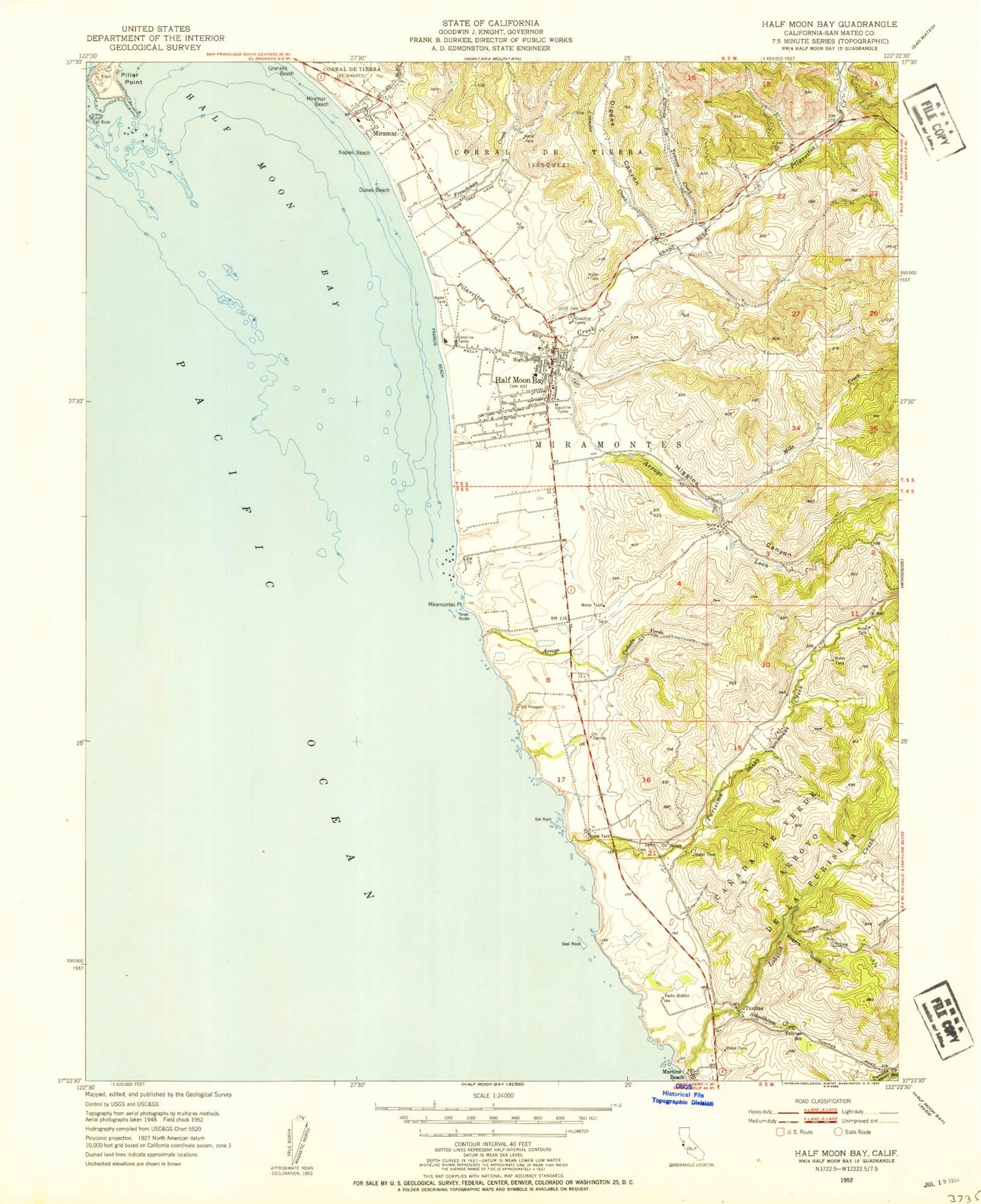 Classic USGS Half Moon Bay California 7.5'x7.5' Topo Map Image