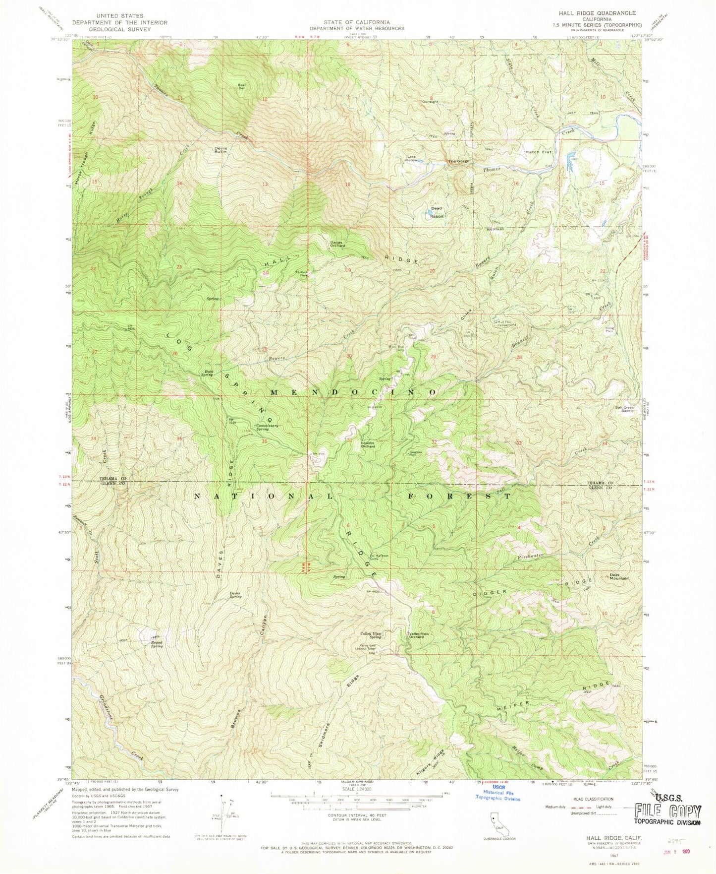 Classic USGS Hall Ridge California 7.5'x7.5' Topo Map Image
