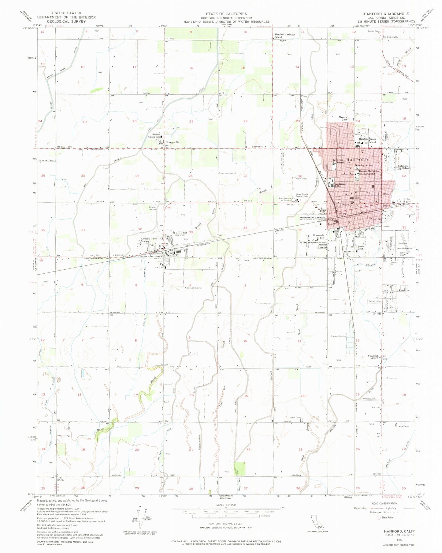 Classic USGS Hanford California 7.5'x7.5' Topo Map Image