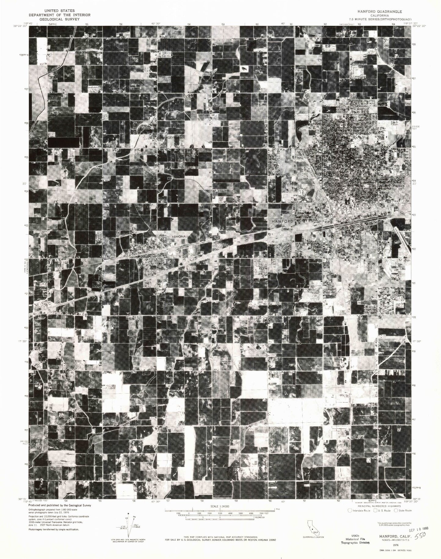 Classic USGS Hanford California 7.5'x7.5' Topo Map Image