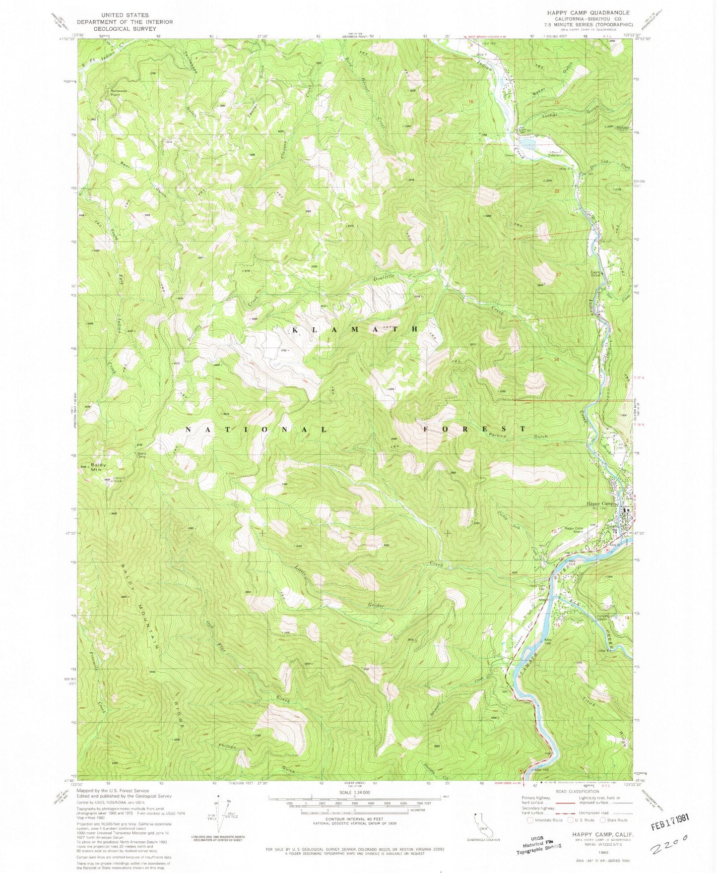 Classic USGS Happy Camp California 7.5'x7.5' Topo Map Image