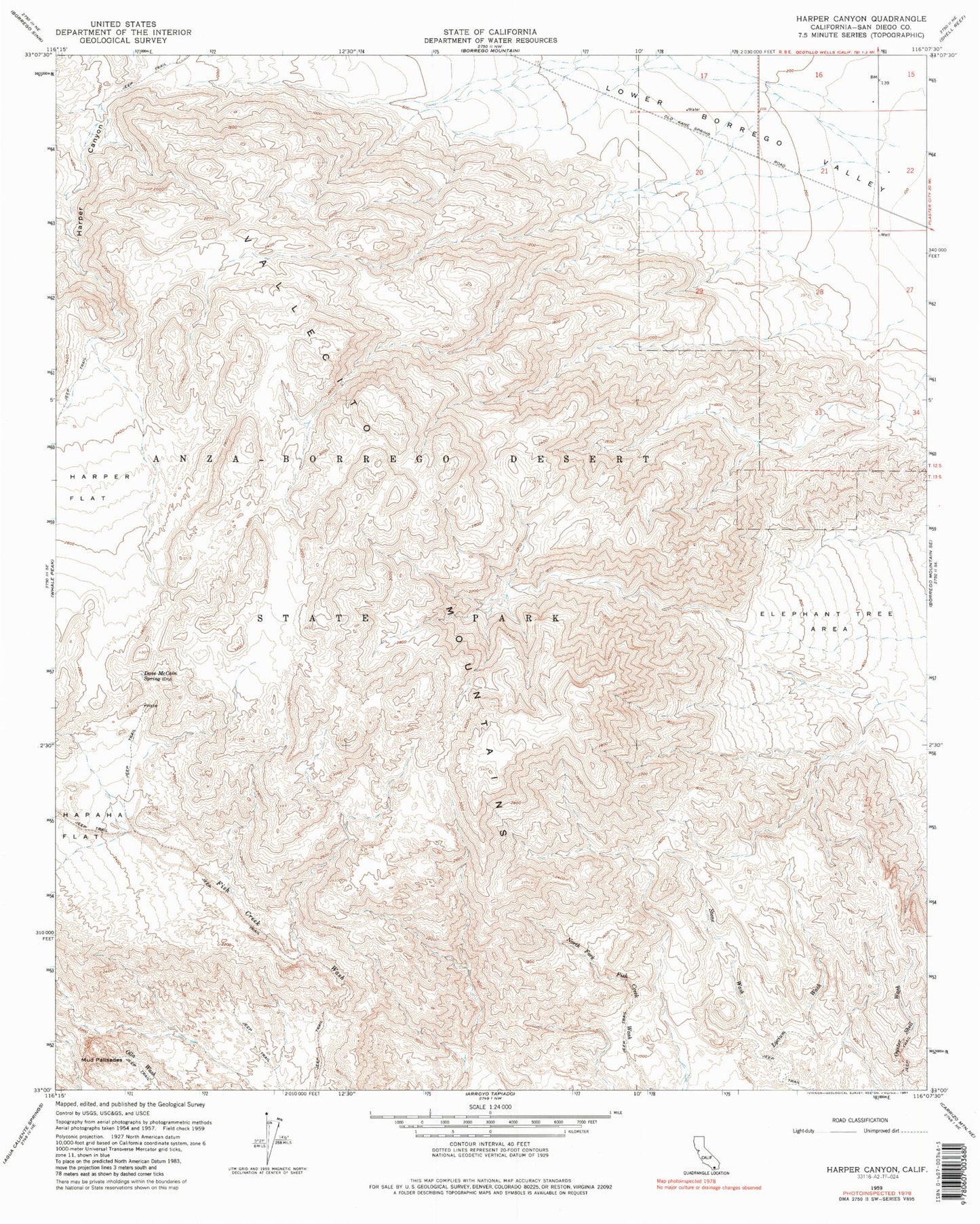 Classic USGS Harper Canyon California 7.5'x7.5' Topo Map Image