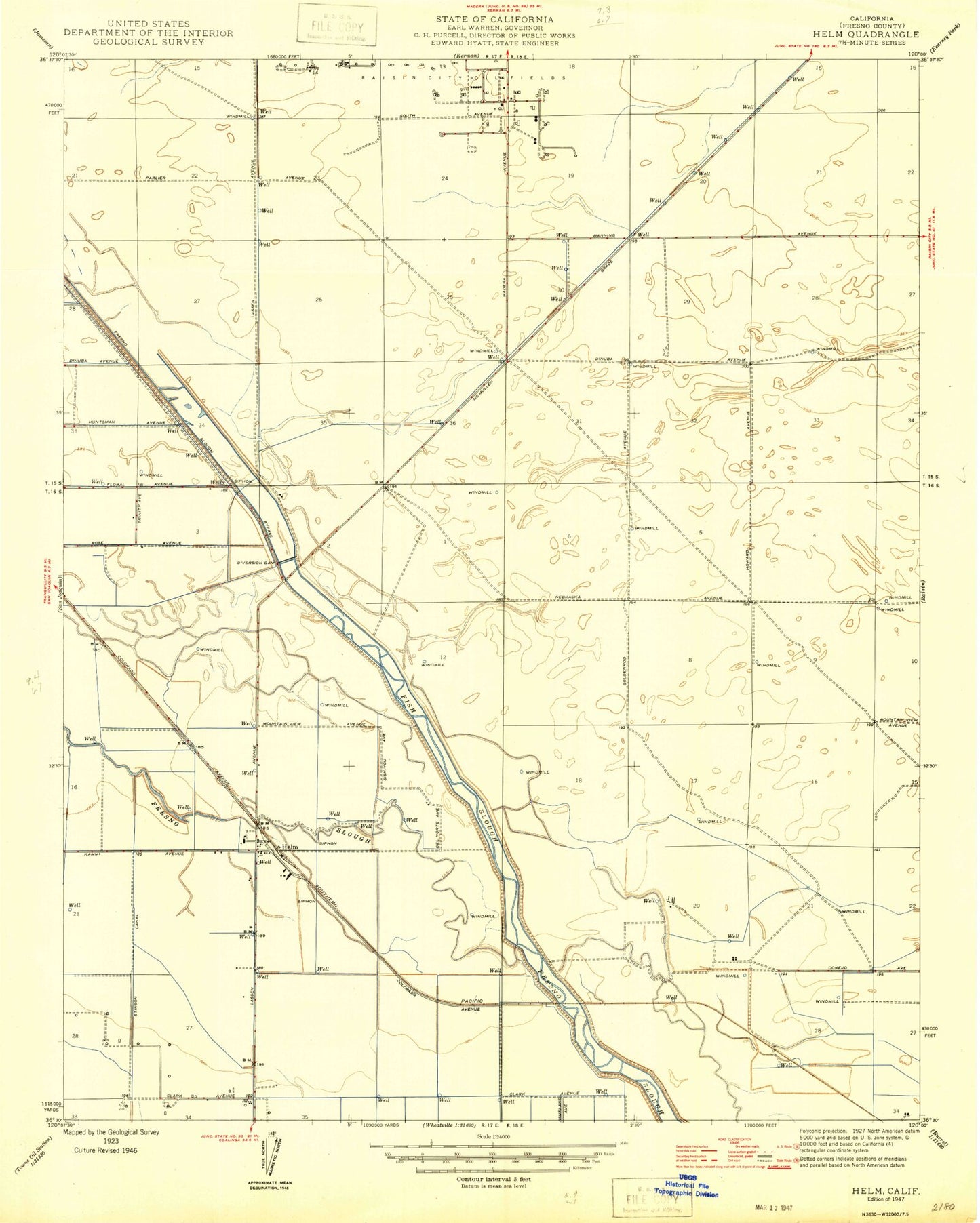 Classic USGS Helm California 7.5'x7.5' Topo Map Image