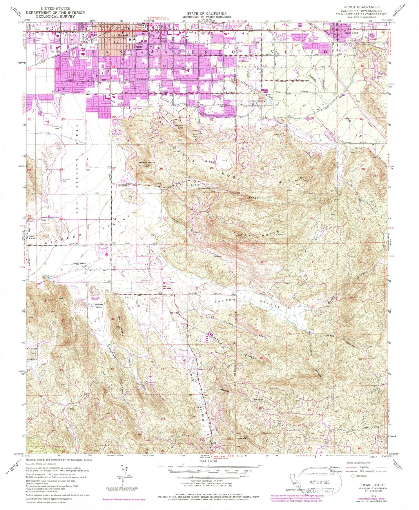 Classic USGS Hemet California 7.5'x7.5' Topo Map Image