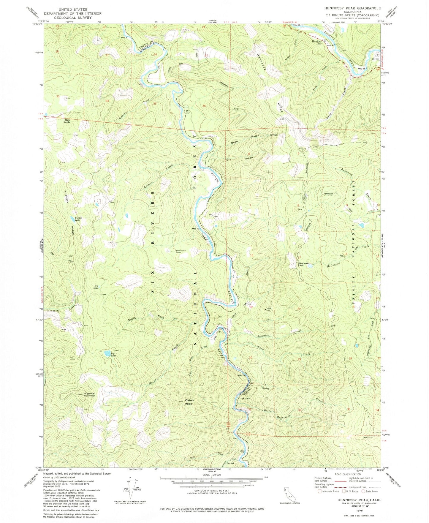 Classic USGS Hennessy Peak California 7.5'x7.5' Topo Map Image