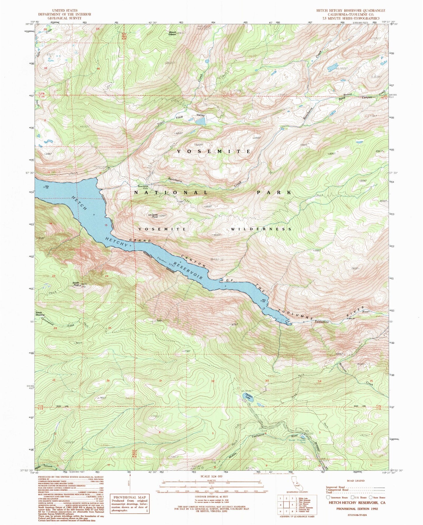 USGS Classic Hetch Hetchy Reservoir California 7.5'x7.5' Topo Map Image