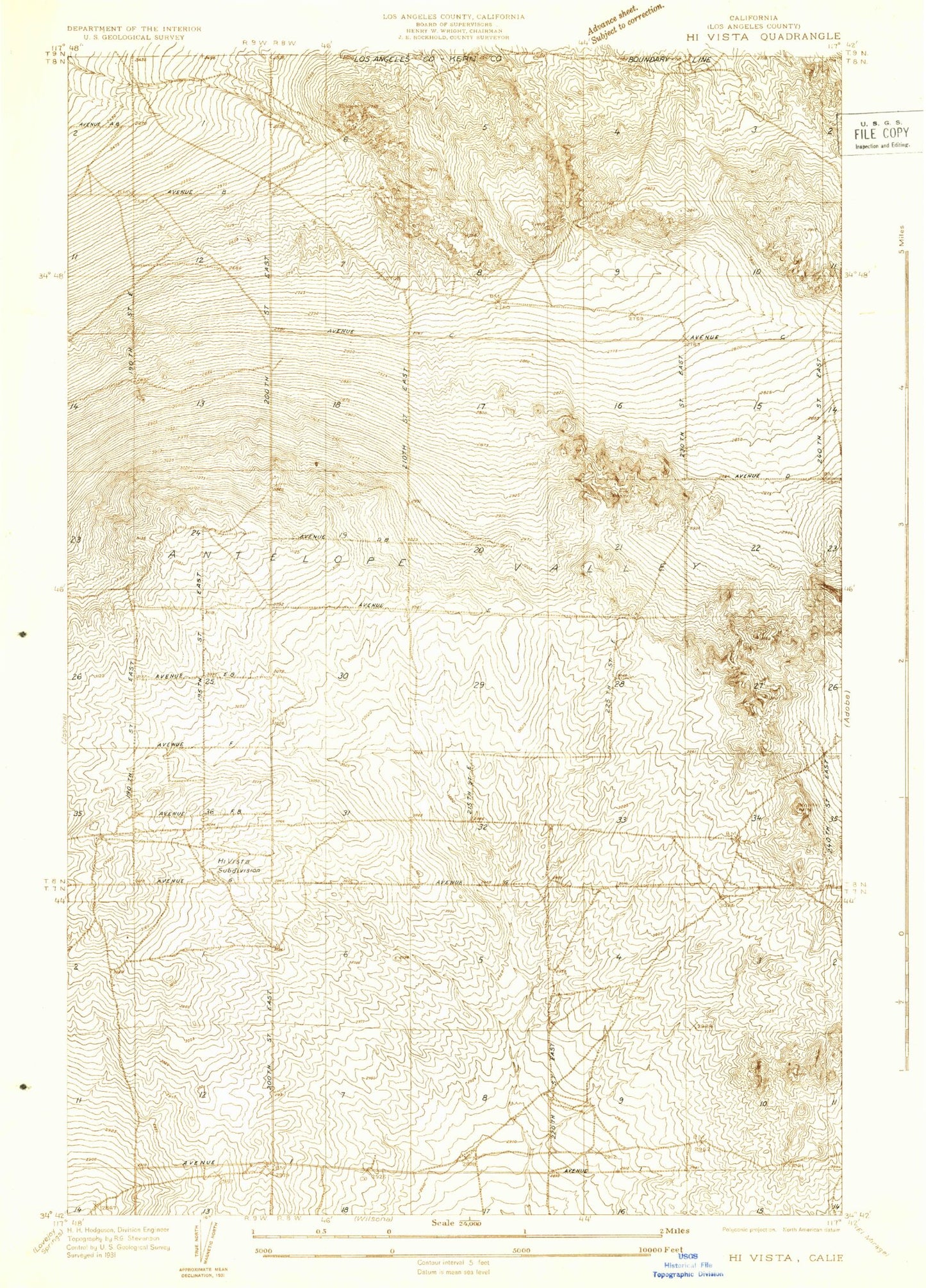 Classic USGS Hi Vista California 7.5'x7.5' Topo Map Image