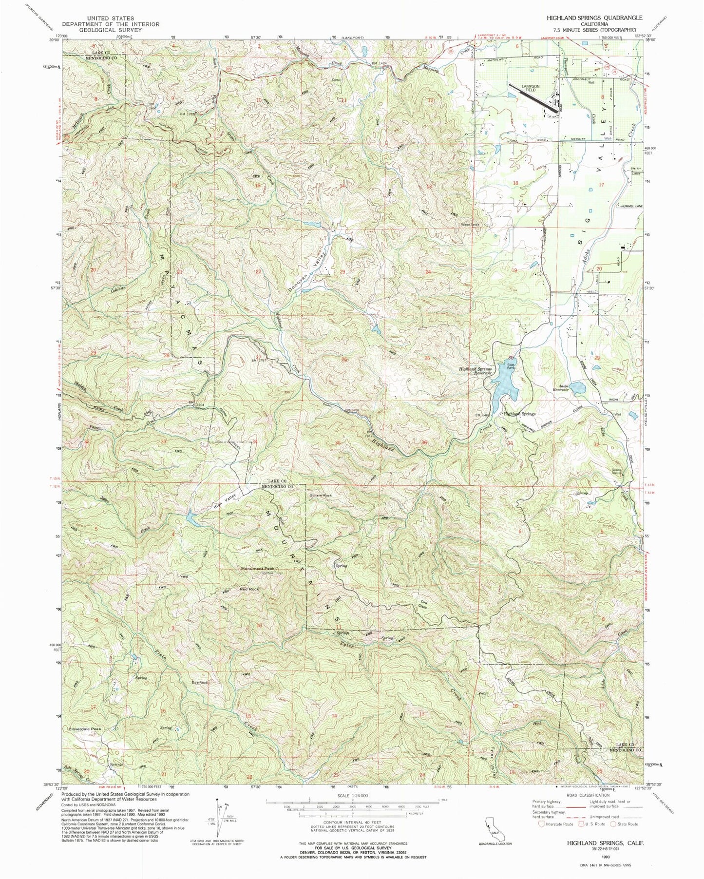 Classic USGS Highland Springs California 7.5'x7.5' Topo Map Image
