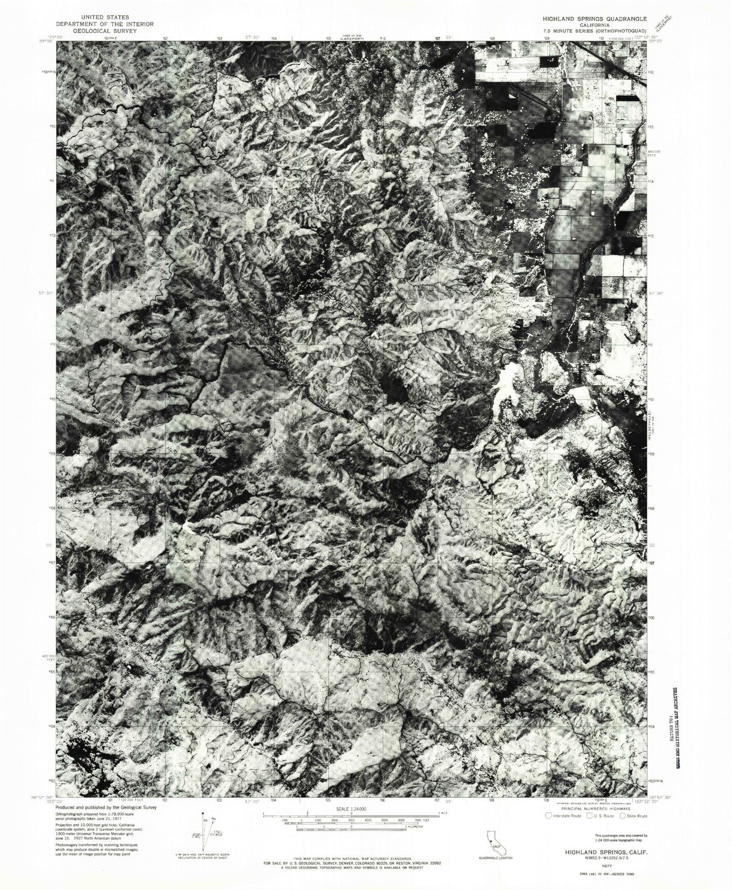Classic USGS Highland Springs California 7.5'x7.5' Topo Map Image