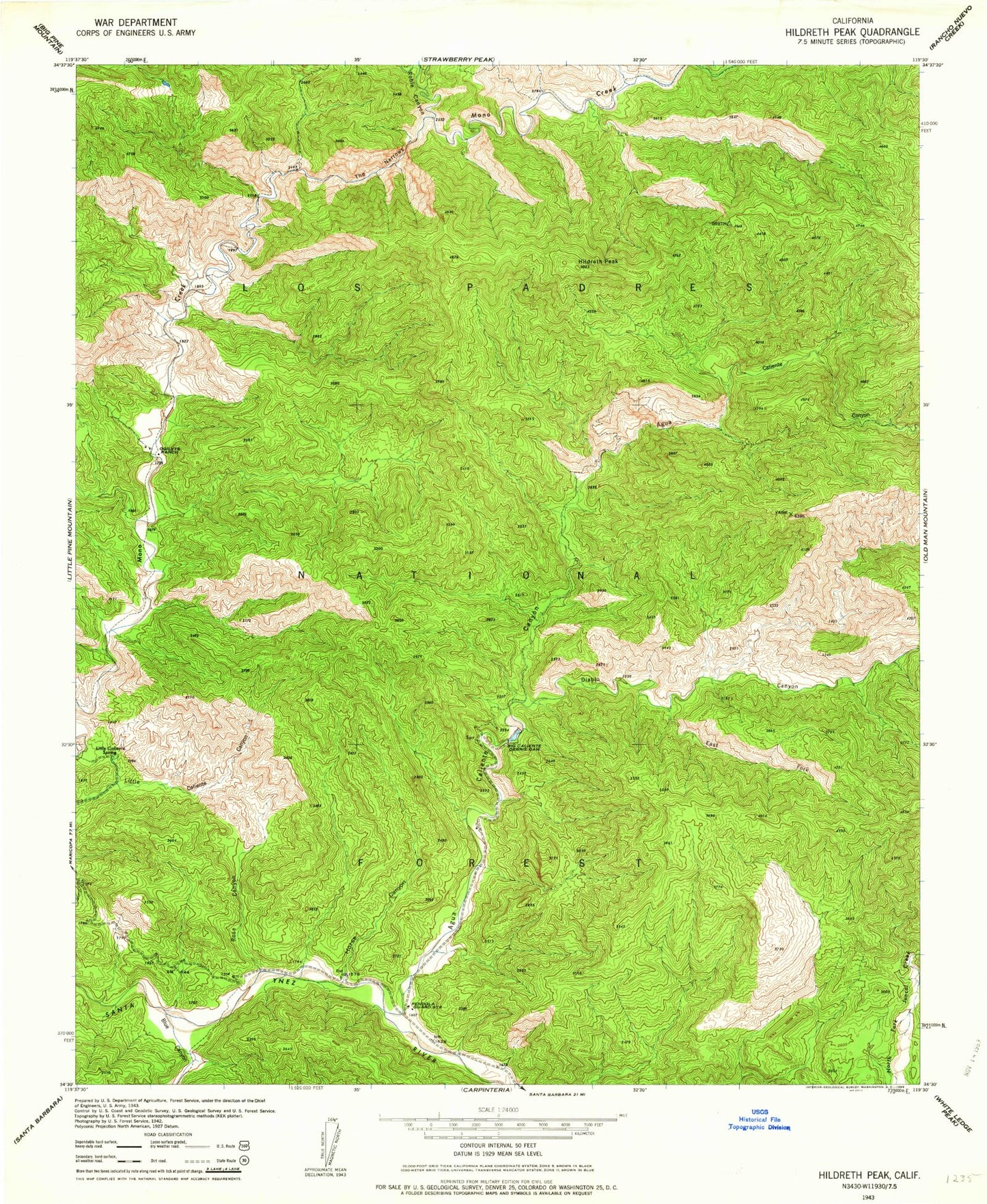Classic USGS Hildreth Peak California 7.5'x7.5' Topo Map Image