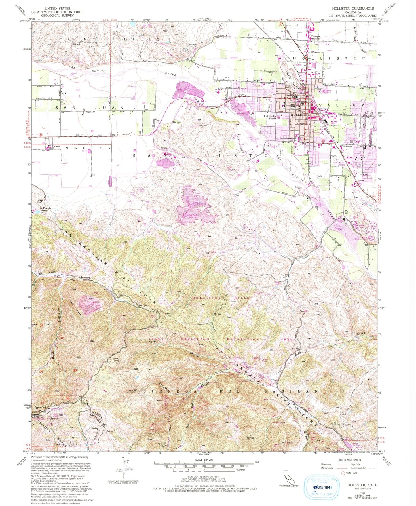 Classic USGS Hollister California 7.5'x7.5' Topo Map Image