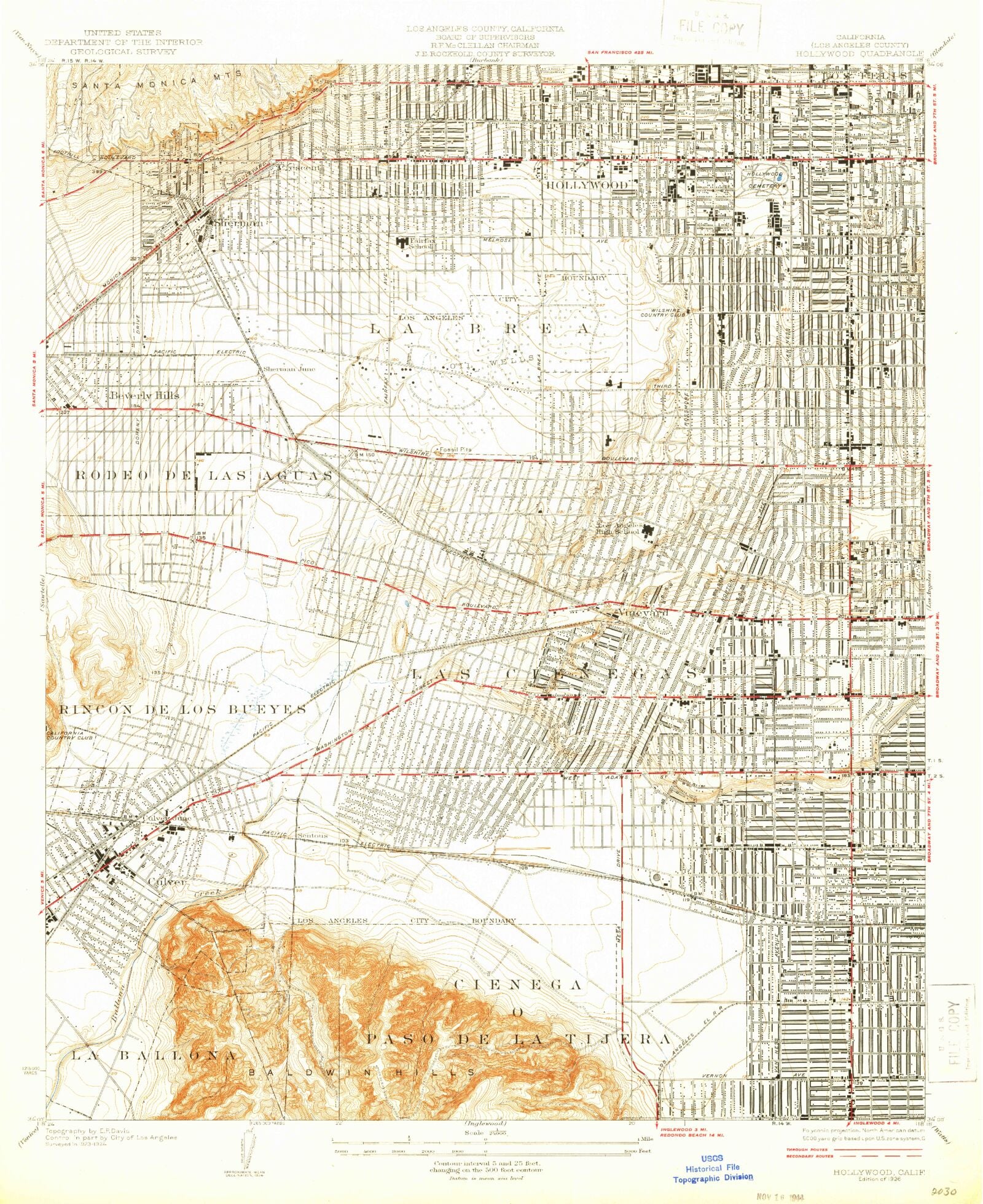 Classic USGS Hollywood California 7.5'x7.5' Topo Map, image size:1600x1960