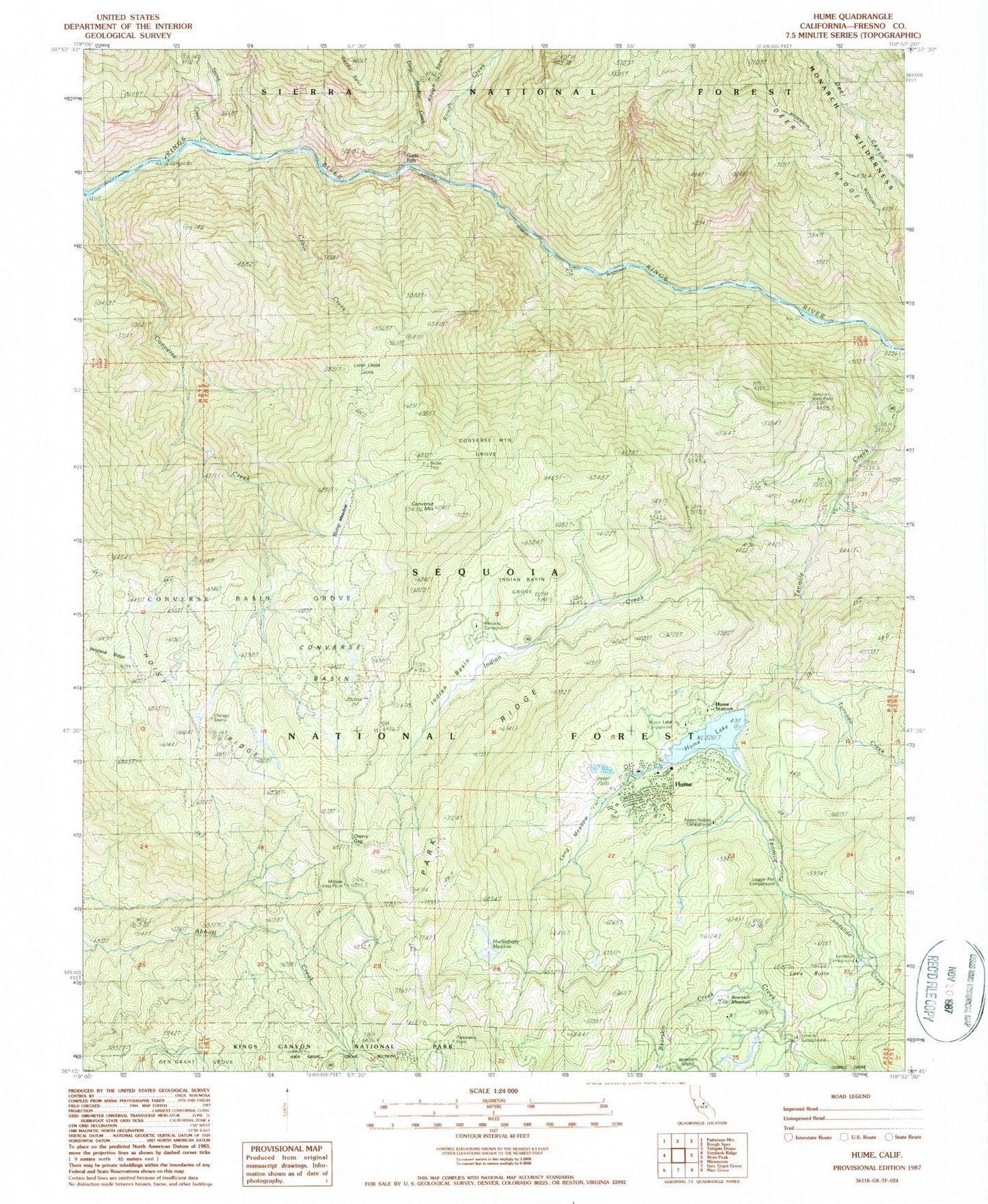 Classic USGS Hume California 7.5'x7.5' Topo Map Image
